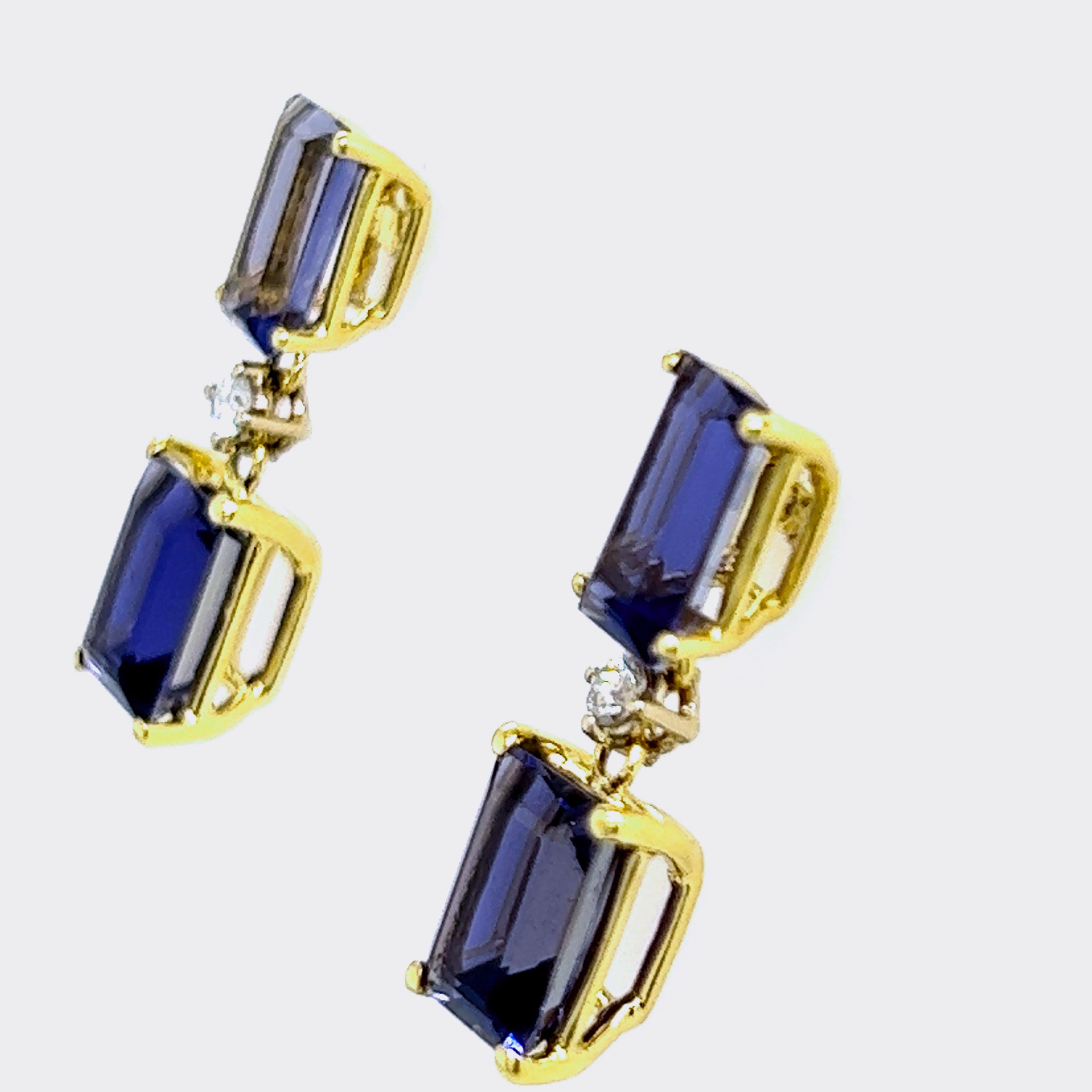 Contemporary Berca 4.26 Karat Iolite Emerald Cut White Diamond 18 Karat Gold Earrings For Sale
