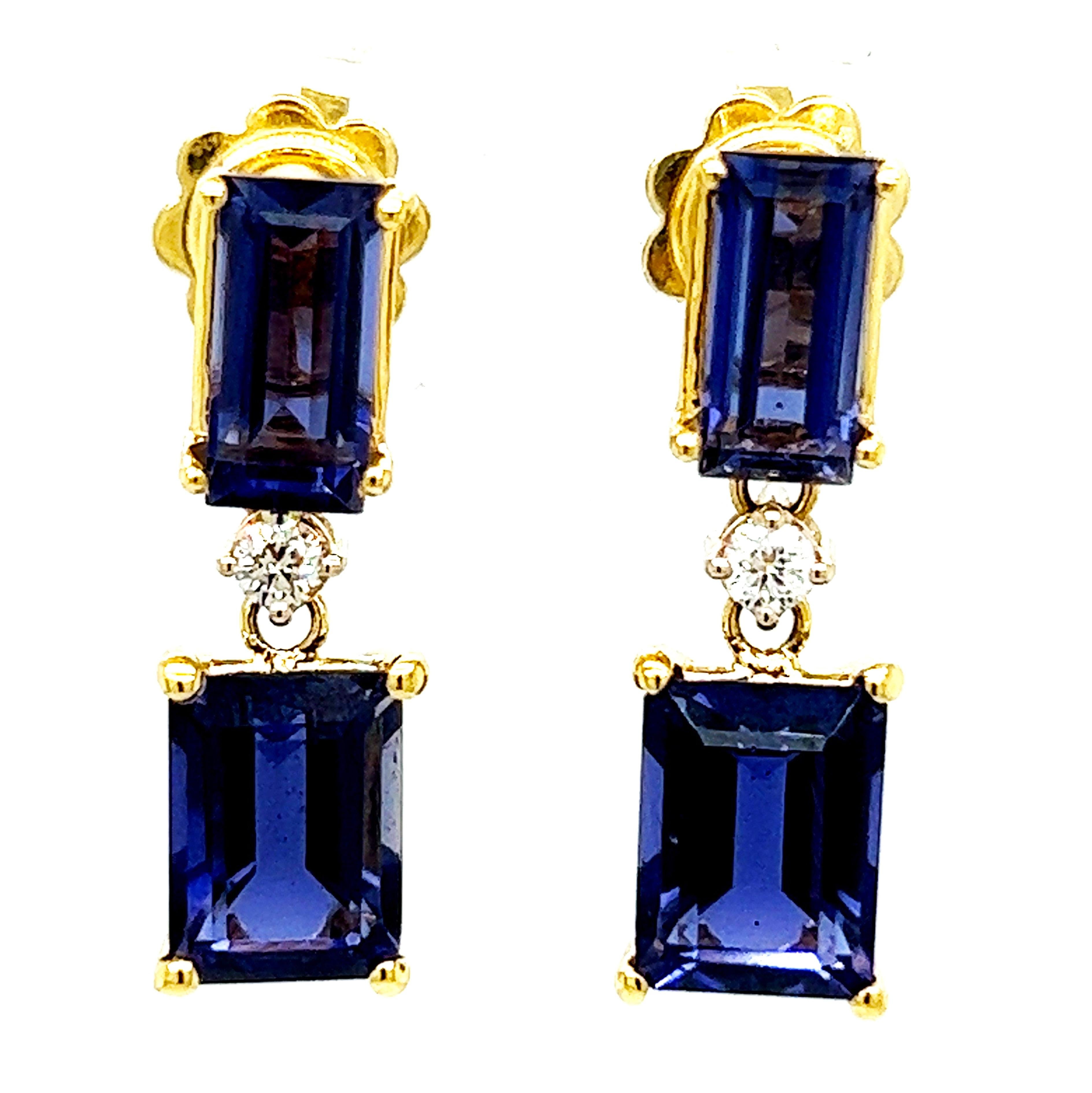 Berca 4.26 Karat Iolite Emerald Cut White Diamond 18 Karat Gold Earrings For Sale 1