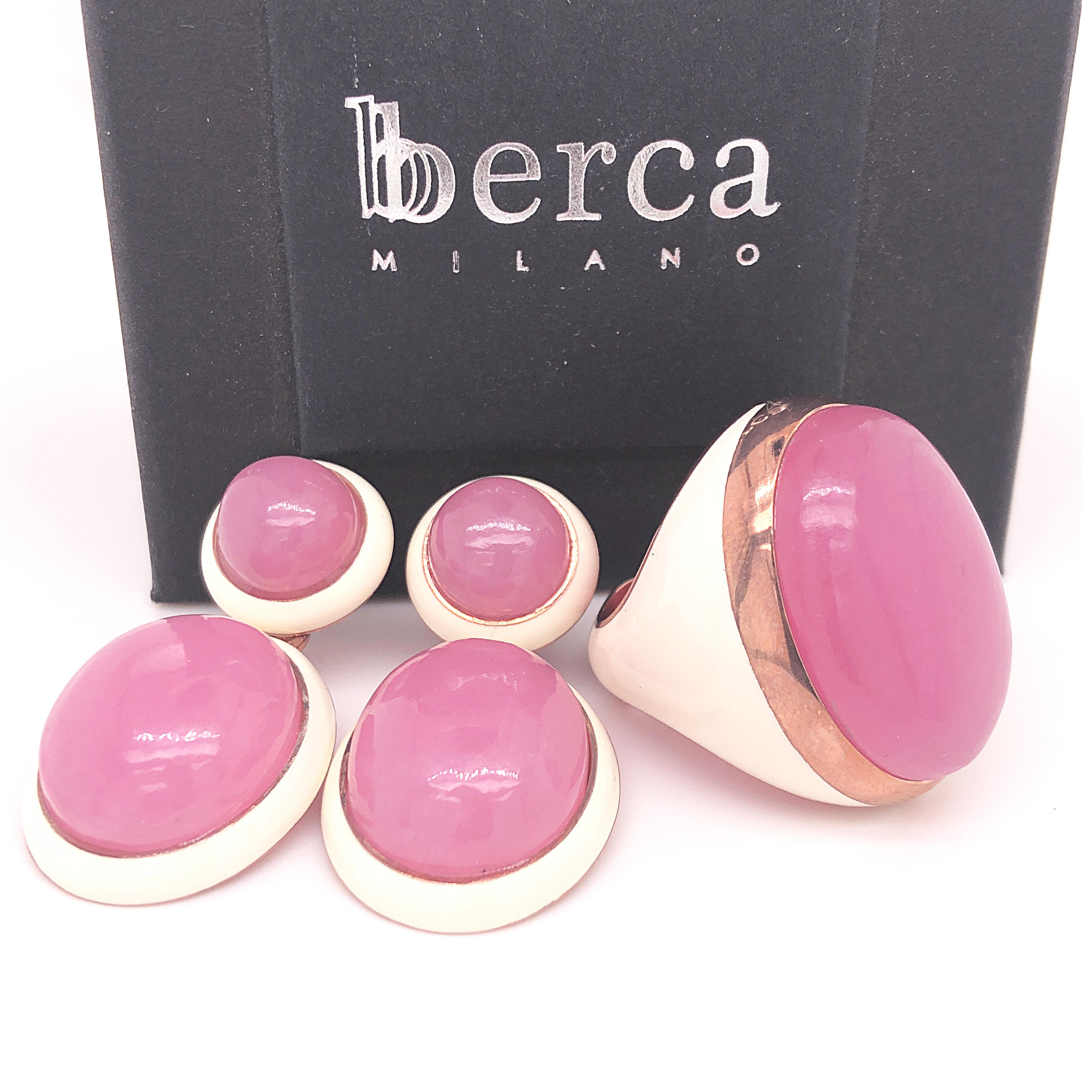 One-of-a-kind Contemporary Chic Earrings Featuring 43 Carat Natural Lavender Jade Cabochon in a pure Beige Hand Enameled Rose Gold Plated Sterling Silver Setting.
The color-changing of the Lavender Jade's cabochon combined with Beige Hand Enameled