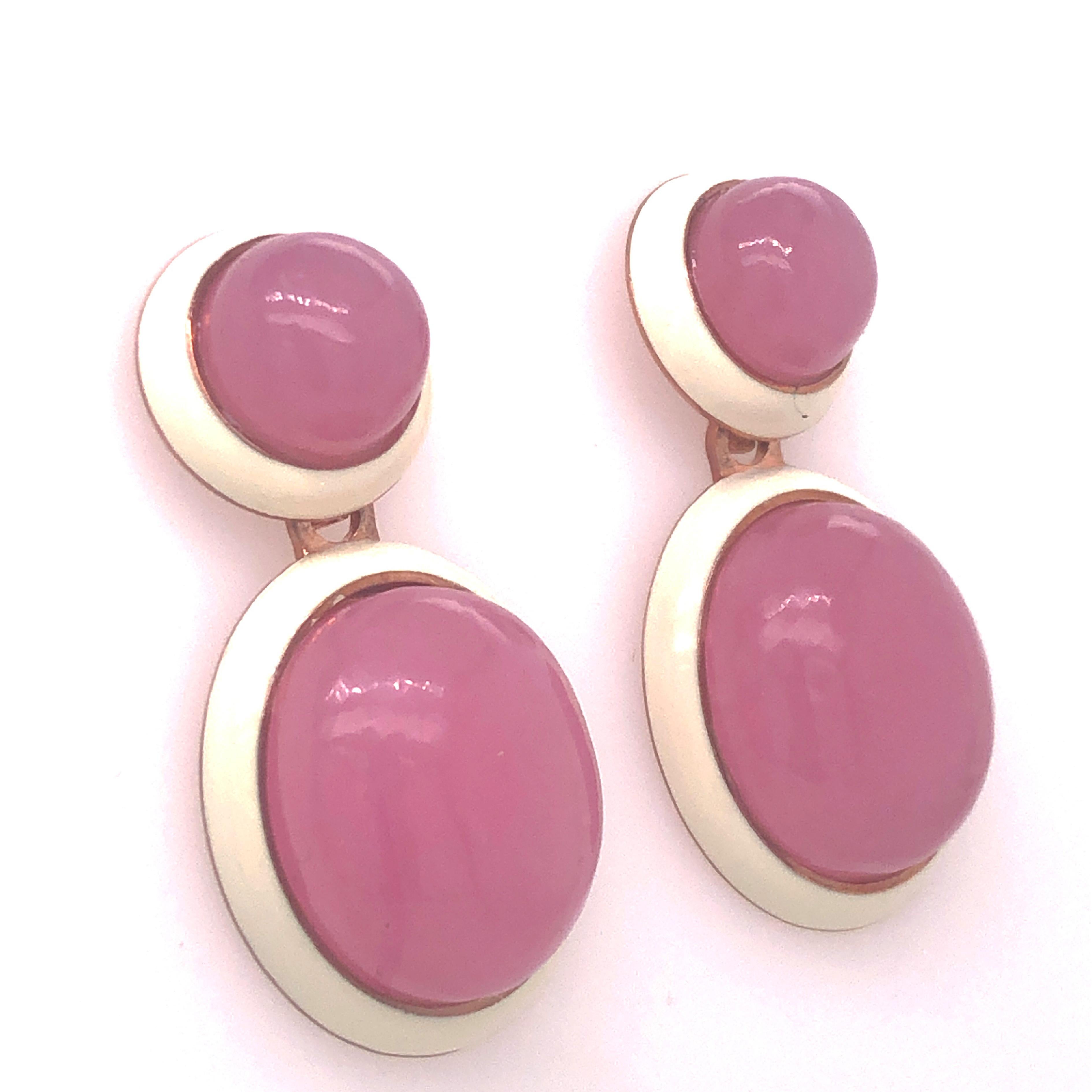 Oval Cut Berca 43 Kt Natural Lavender Jade Beige Hand Enameled Sterling Silver Earrings For Sale