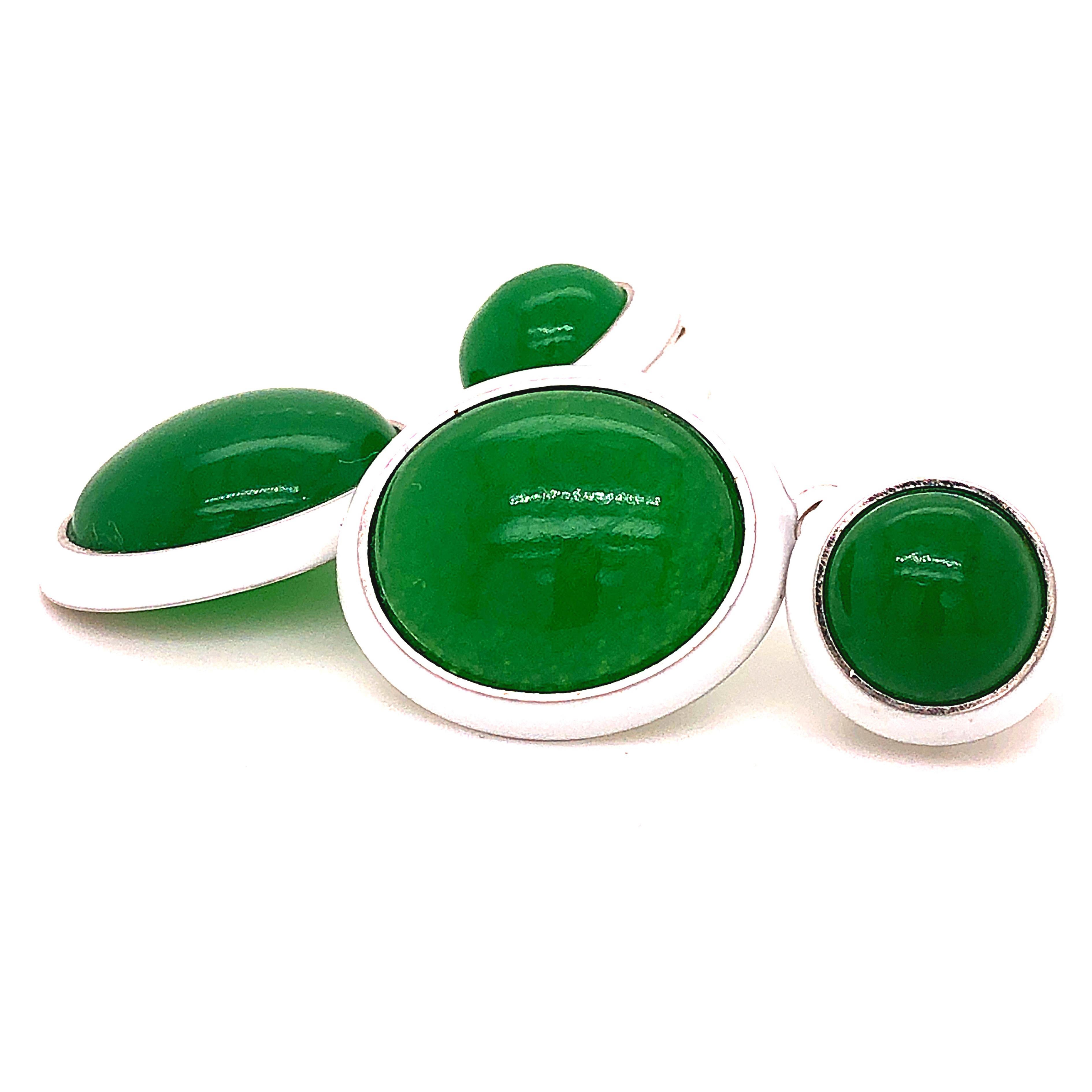 Berca 44.8 Kt Natural Green Jade White Hand Enameled Sterling Silver Earrings For Sale 4