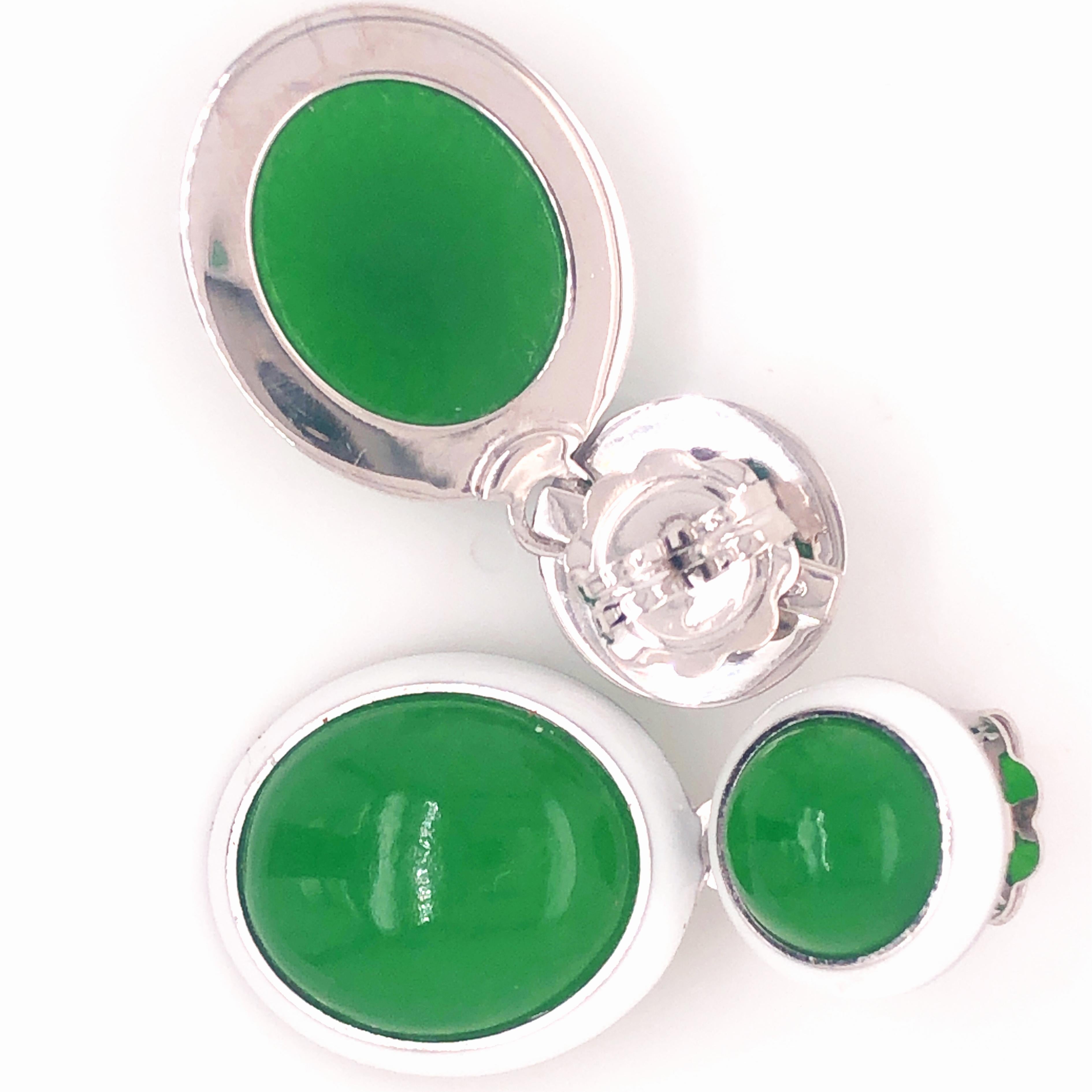 Contemporary Berca 44.8 Kt Natural Green Jade White Hand Enameled Sterling Silver Earrings For Sale