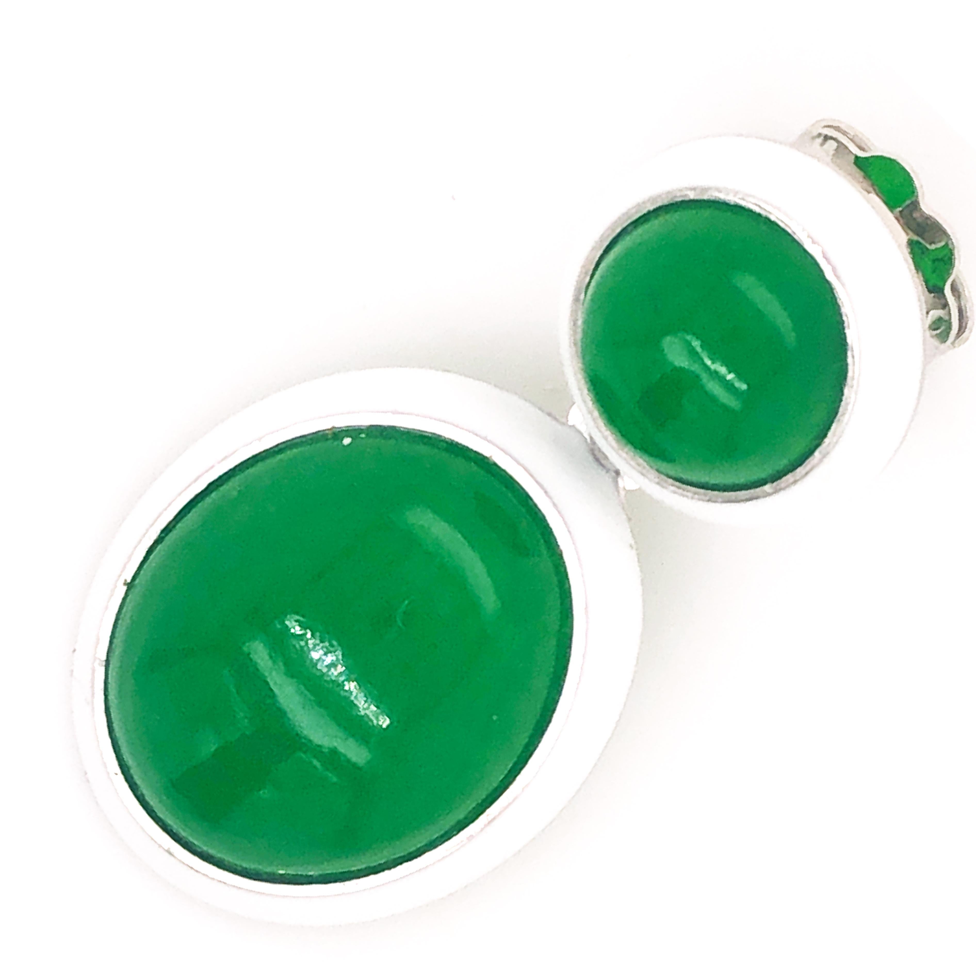 Oval Cut Berca 44.8 Kt Natural Green Jade White Hand Enameled Sterling Silver Earrings For Sale