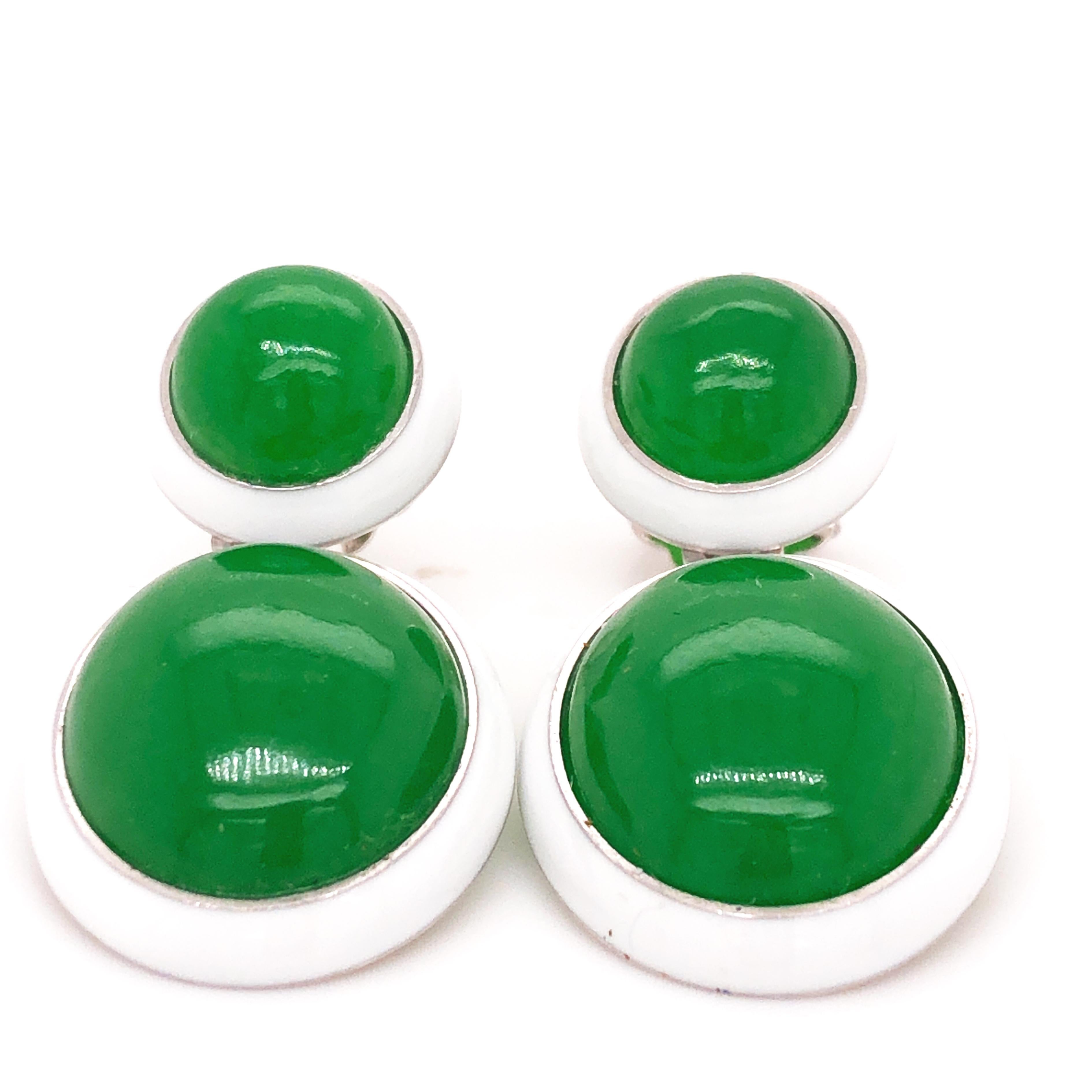 Women's Berca 44.8 Kt Natural Green Jade White Hand Enameled Sterling Silver Earrings For Sale