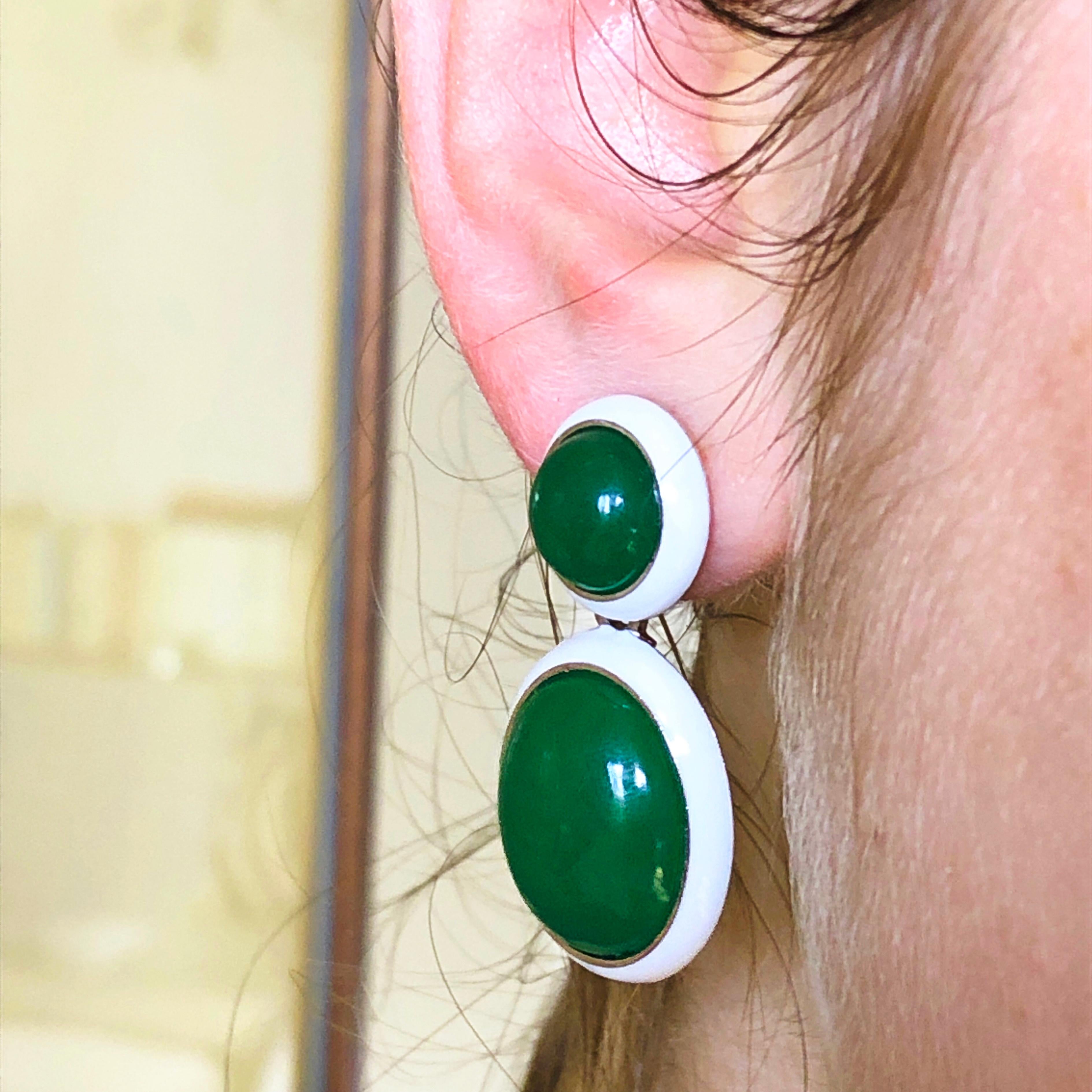 Berca 44.8 Kt Natural Green Jade White Hand Enameled Sterling Silver Earrings For Sale 3