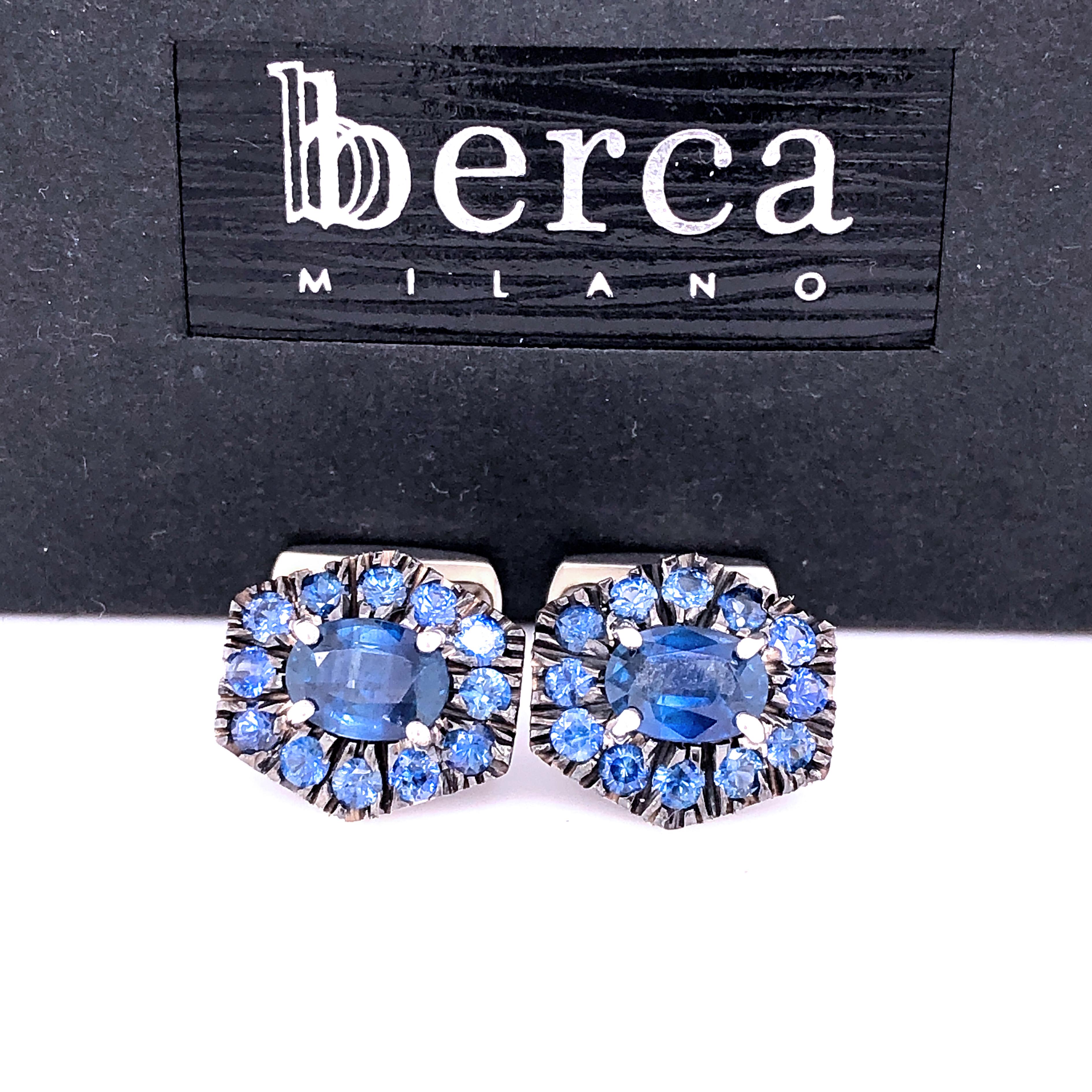 Contemporary Berca 4.93Kt Natural Blue Sapphire Black White Gold T-Bar Back Cufflinks For Sale