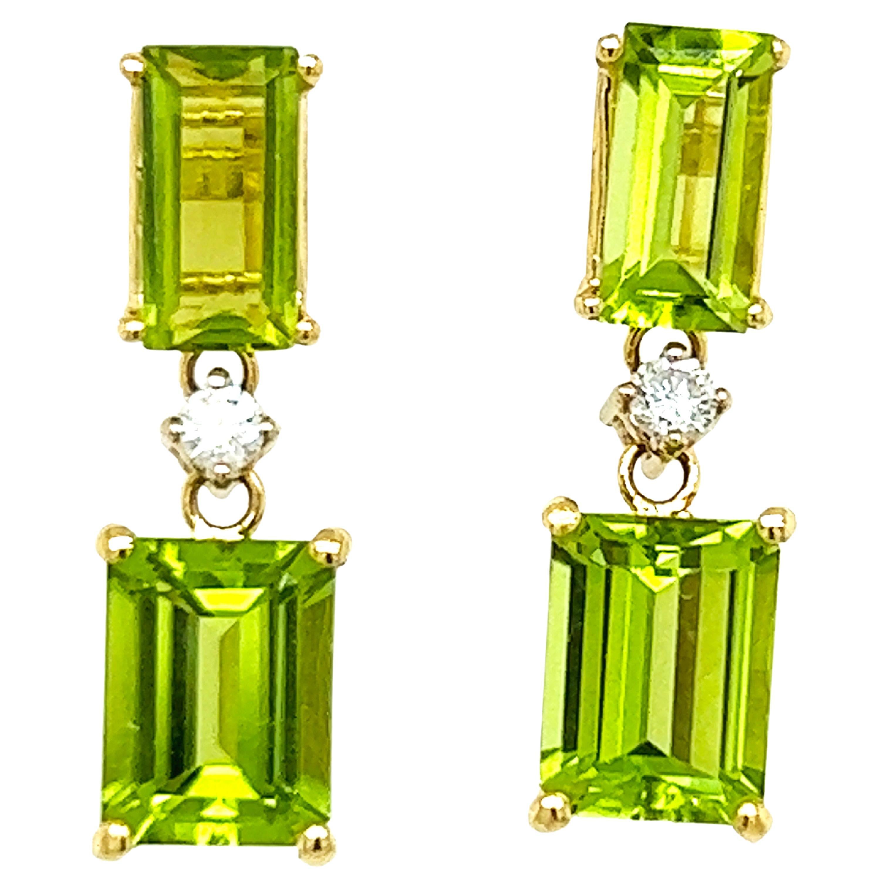 Berca 5.10 Karat Peridot Emerald Cut White Diamond 18 Karat Gold Earrings For Sale