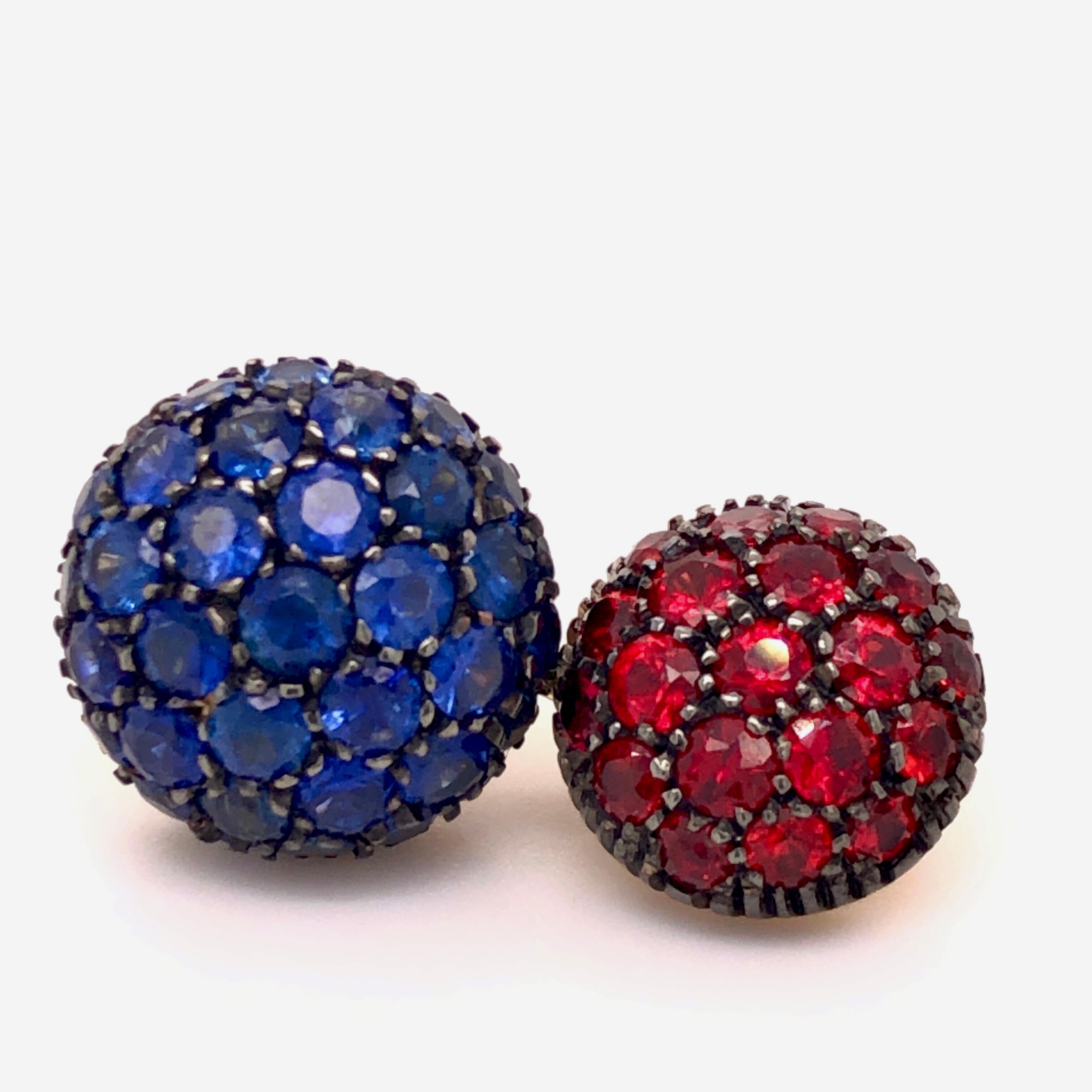 Absolutely Chic, Smart yet Timeless 5.21 Carat Natural Round Blue Brilliant Cut Sapphire and 2.40 Carat Natural Ruby in a 0.37 OzT 18Kt Oxidized Black and Yellow Gold Round Cabochon Setting, 
All our Cufflinks are new, never been previously owned or