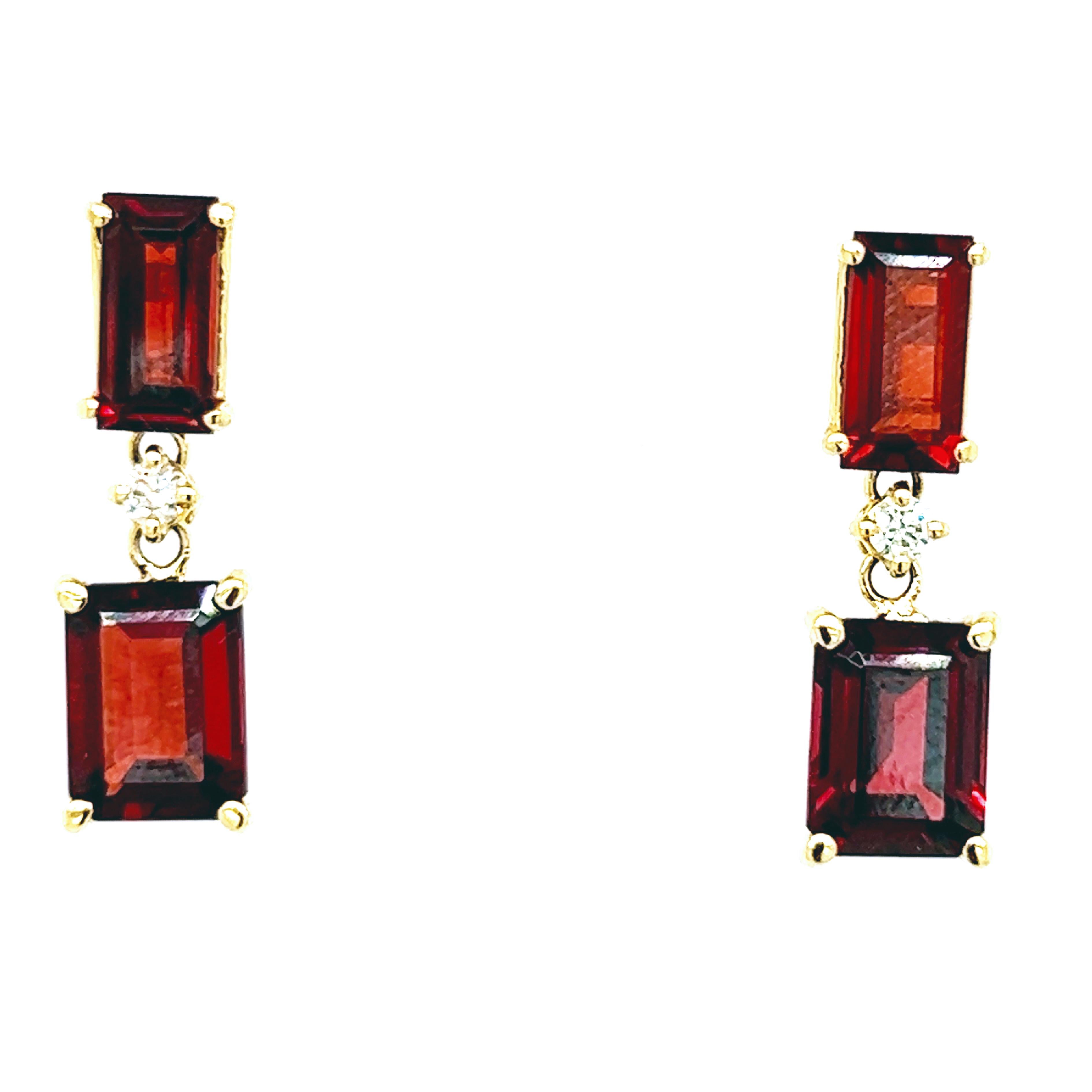 Contemporary Berca 5.79k Red Spessartine Garnet Emerald Cut White Diamond 18k Gold Earrings For Sale