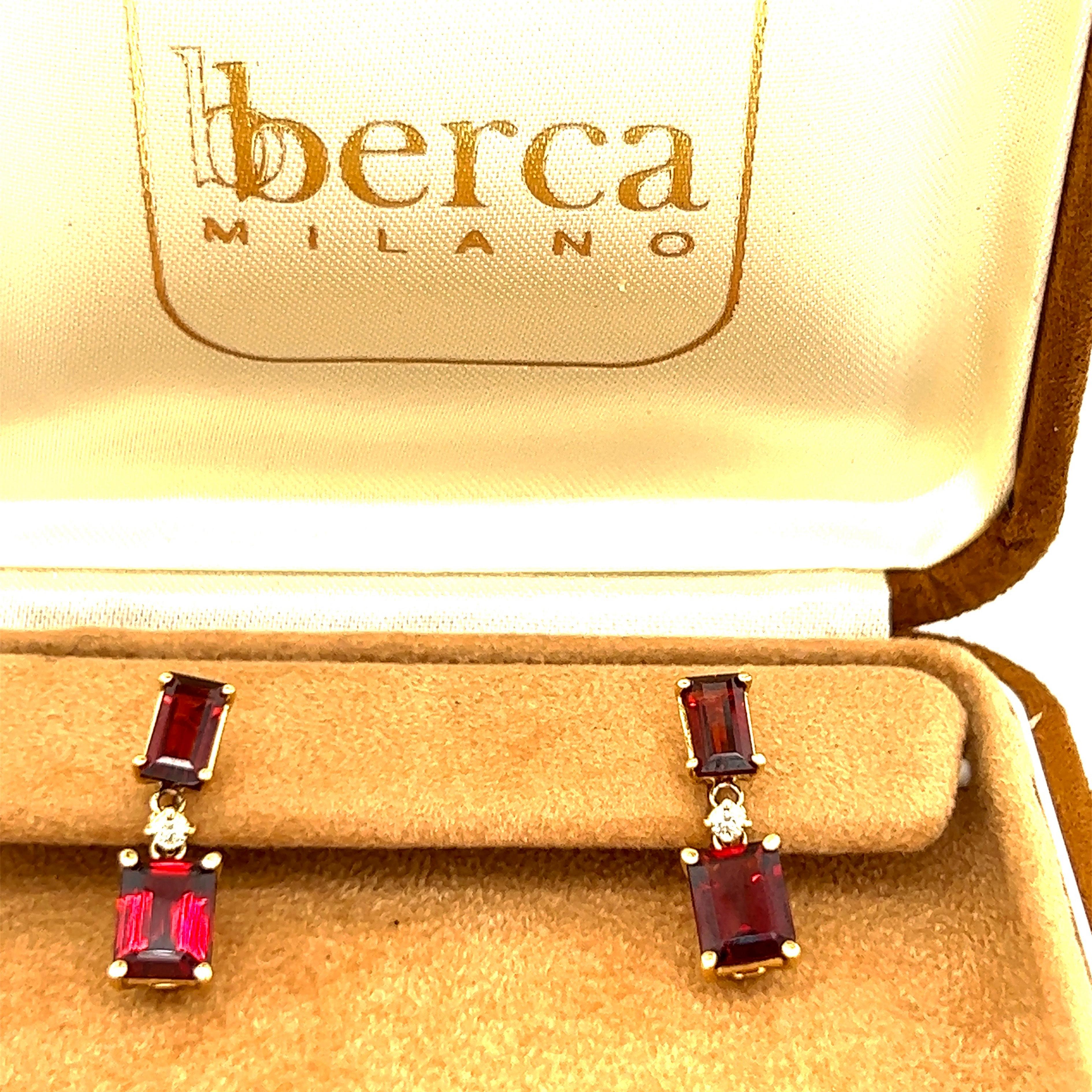 Berca 5.79k Red Spessartine Garnet Emerald Cut White Diamond 18k Gold Earrings For Sale 3