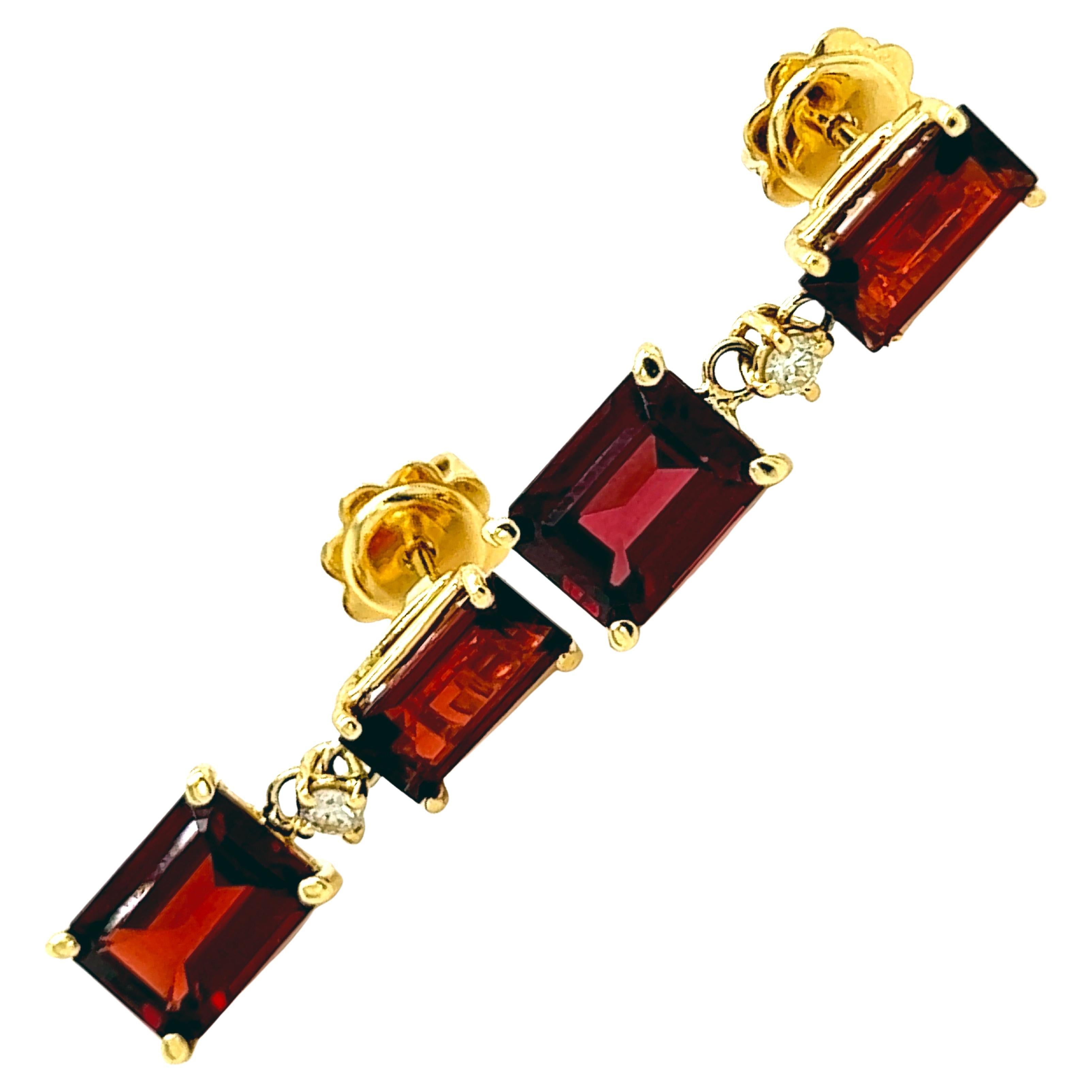 Berca 5.79k Red Spessartine Garnet Emerald Cut White Diamond 18k Gold Earrings For Sale