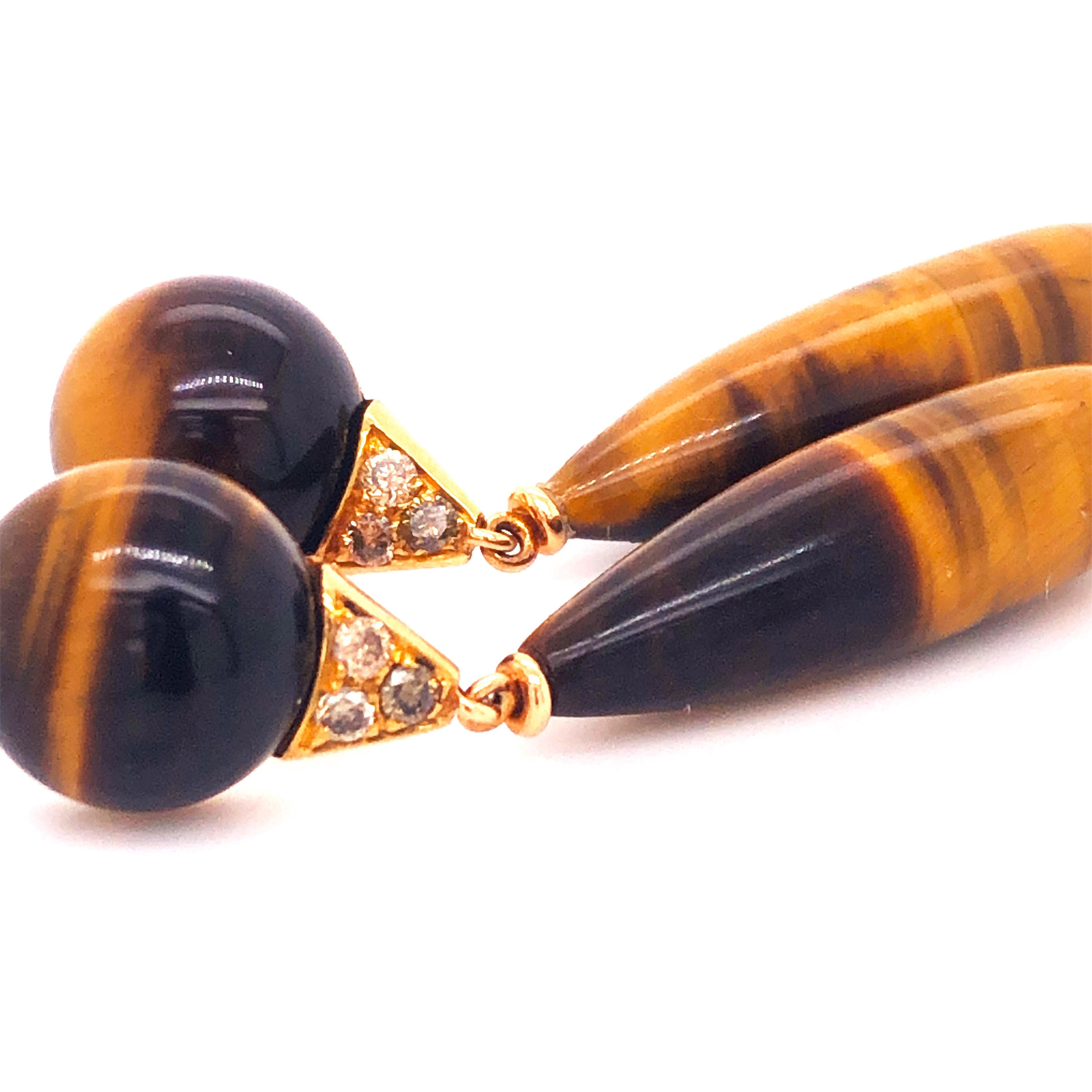 Berca 60 Karat Natural Tiger's Eye Champagne Diamond 18 Karat Gold Drop Earrings 3