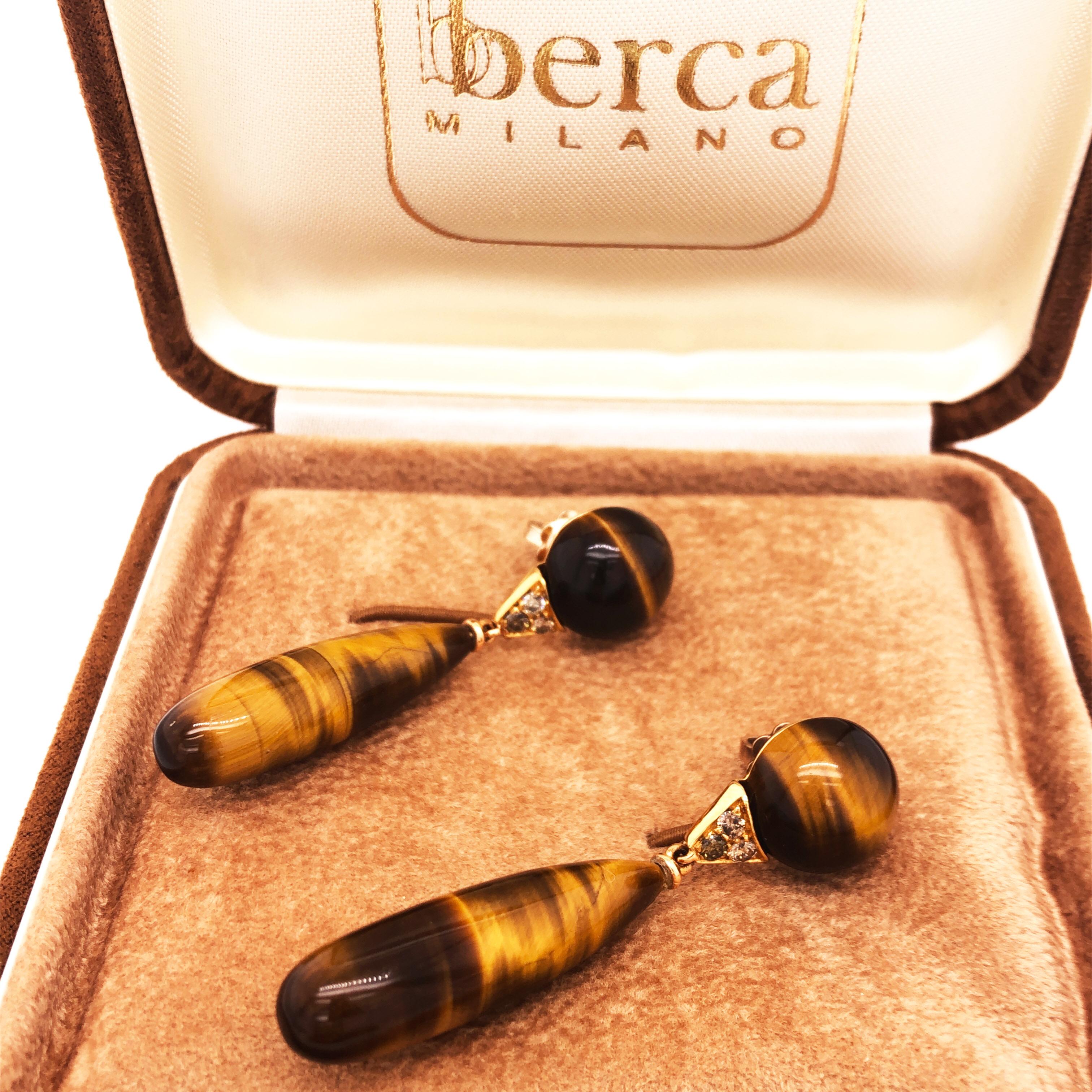 Tropfenohrringe von Berca, 60 Karat natürlicher Tigerauge Champagner-Diamant 18 Karat Gold (Zeitgenössisch)