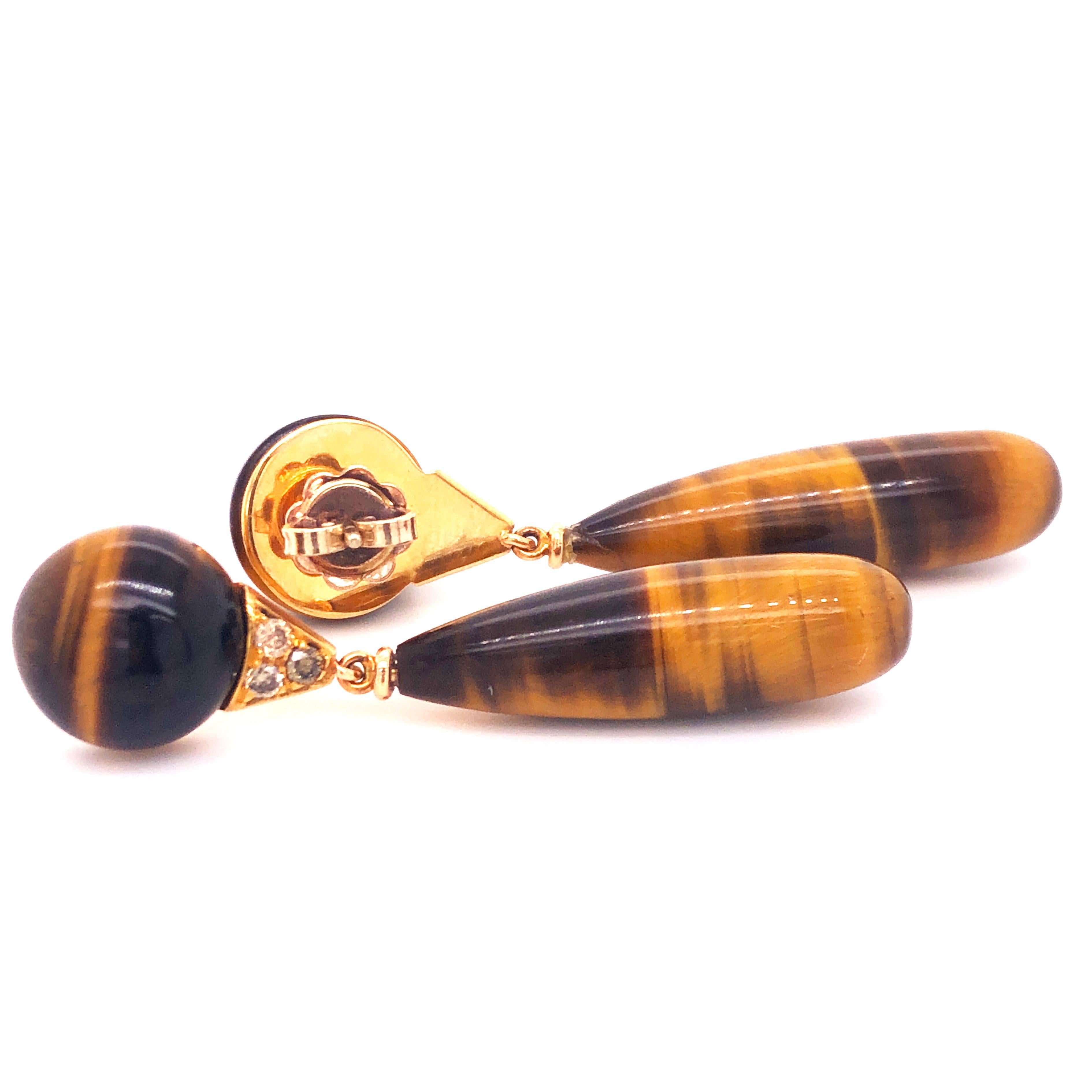 Tropfenohrringe von Berca, 60 Karat natürlicher Tigerauge Champagner-Diamant 18 Karat Gold (Brillantschliff)