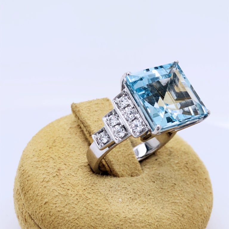Women's Berca 7.99 Karat Princess Cut Brazilian Aquamarine White Diamond Cocktail Ring