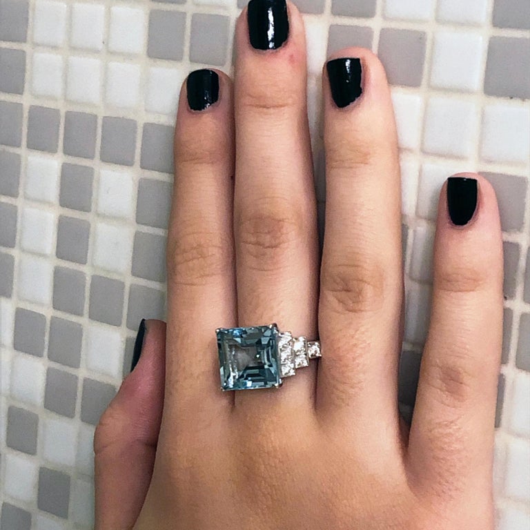 Berca 7.99 Karat Princess Cut Brazilian Aquamarine White Diamond Cocktail Ring 2