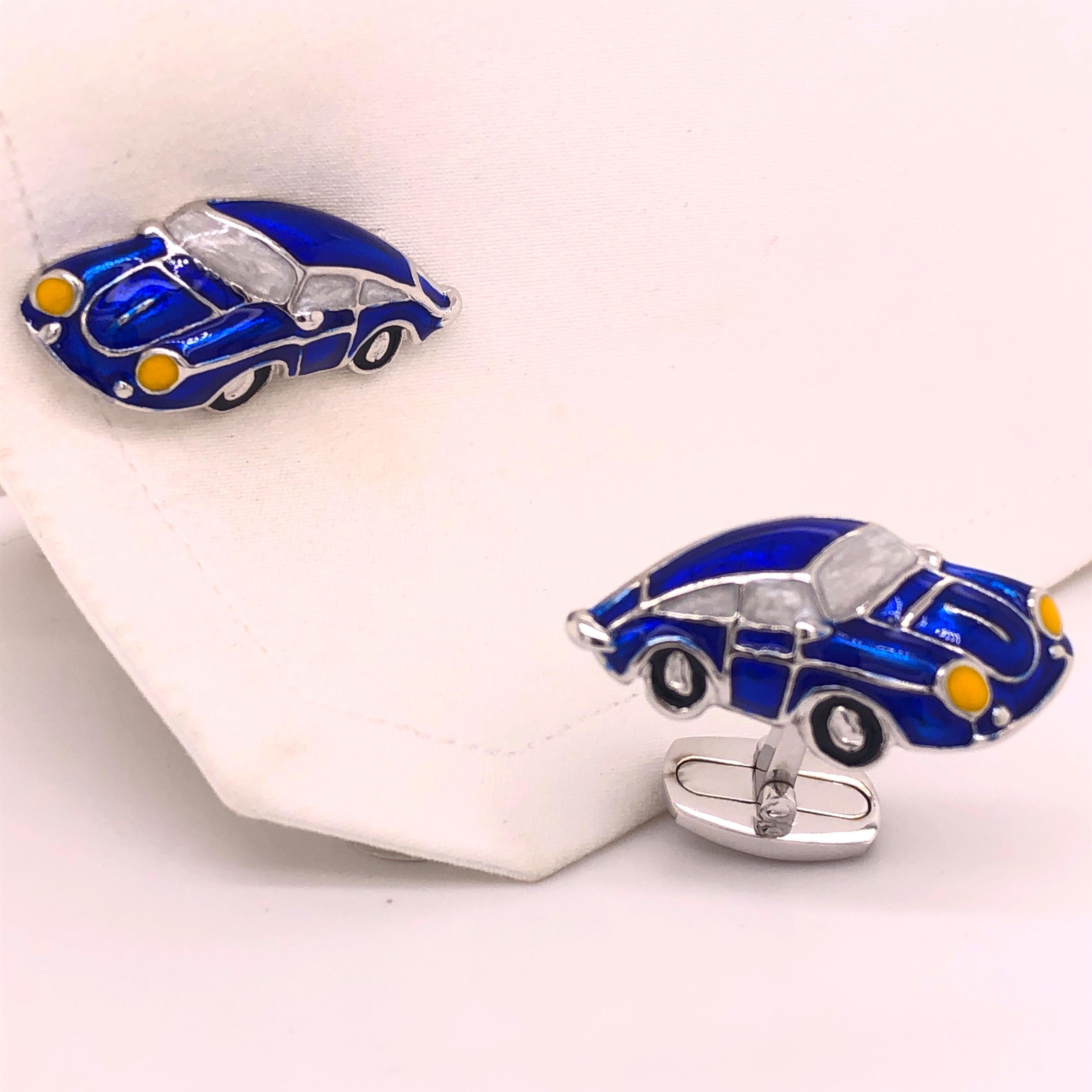 Berca 911 Porsche Shaped Navy Blue Hand Enameled Sterling Silver Cufflinks In New Condition In Valenza, IT