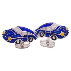 Berca 911 Porsche Shaped Navy Blue Hand Enameled Sterling Silver Cufflinks