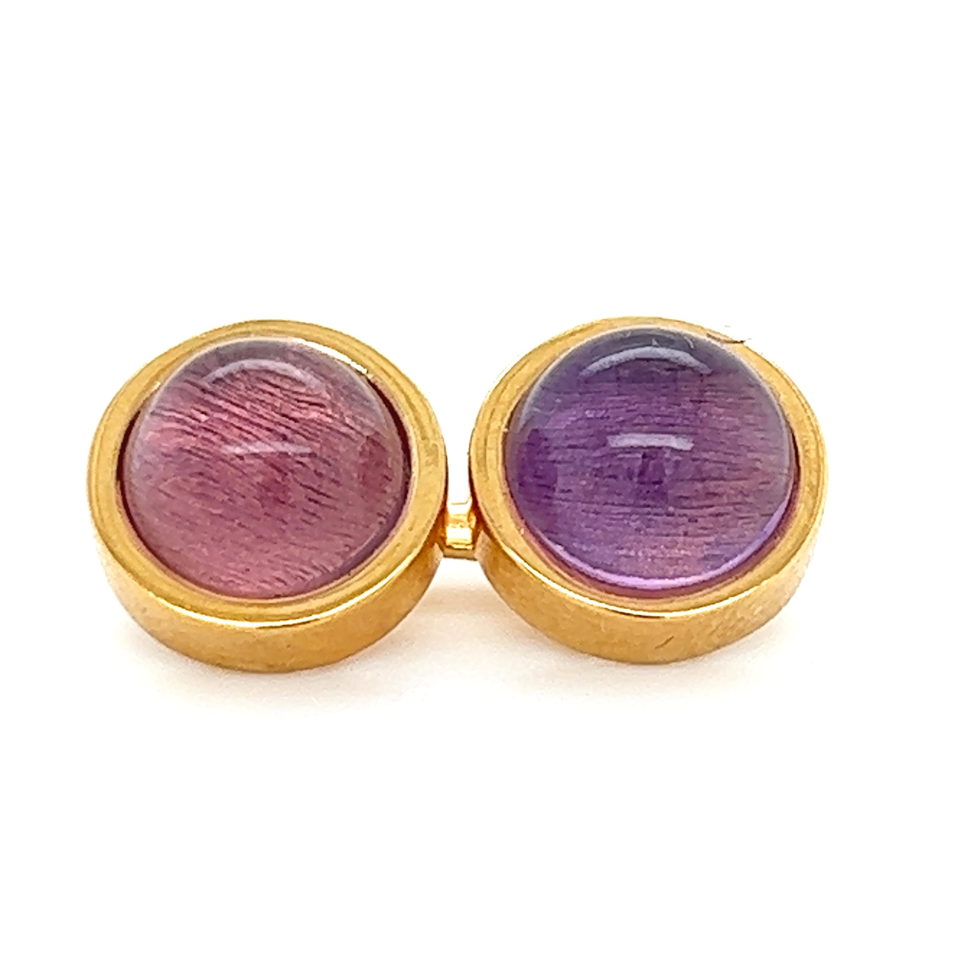 Chic and Timeless, Natural Hand Inlaid Amethyst Cabochon Round Shaped Sterling Silver Gold Plated Cufflinks.
In our smart fitted Tobacco Suede Leather Case and Pouch.


