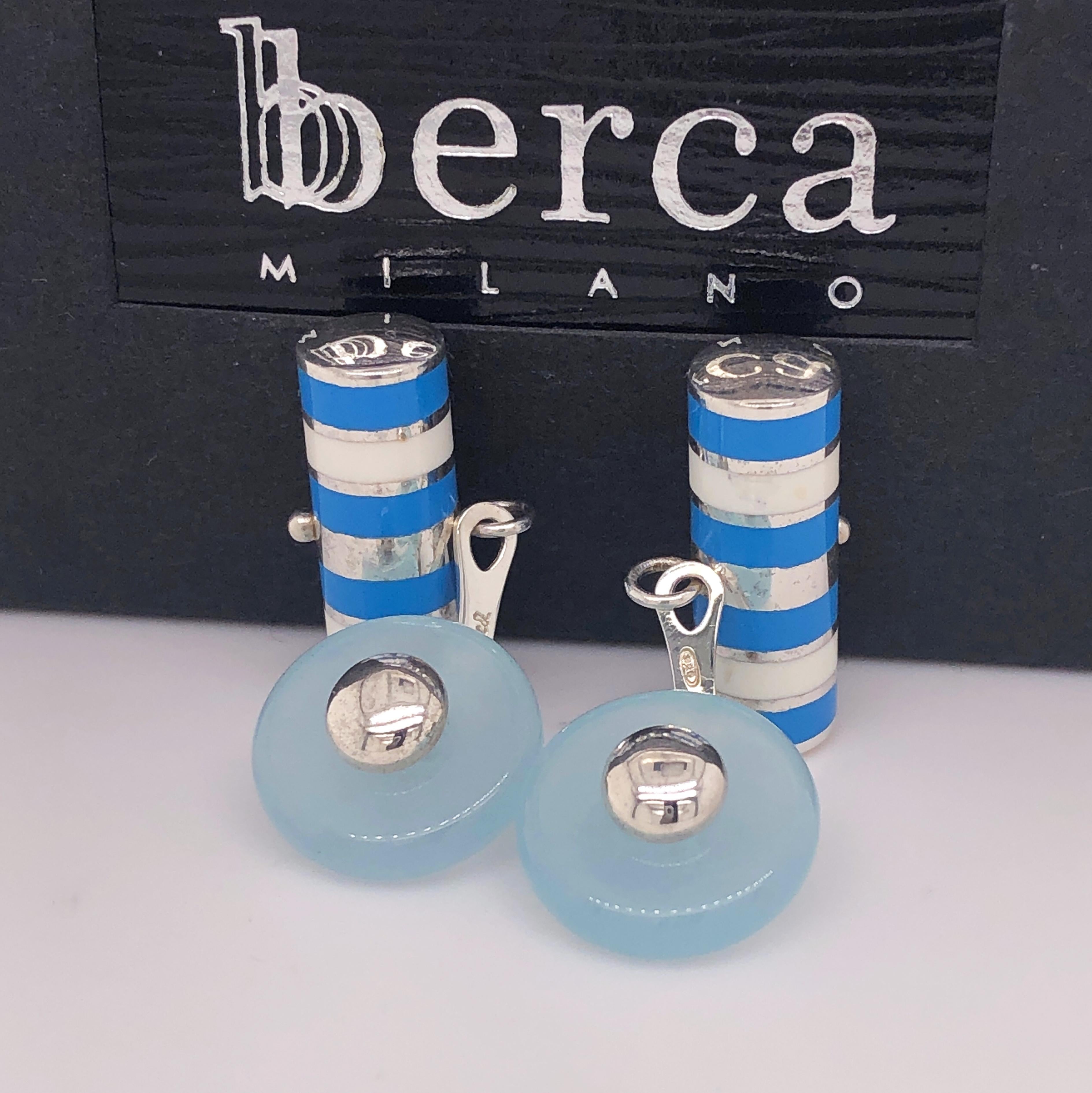Unique, Chic, Craftmanship yet Style's Little Masterpiece, Natural 10Kt Aquamarine, White and Cerulean Blue Hand Enamelled Stick, Sterling Silver Cufflinks.
In our smart Black Box and Pouch.
