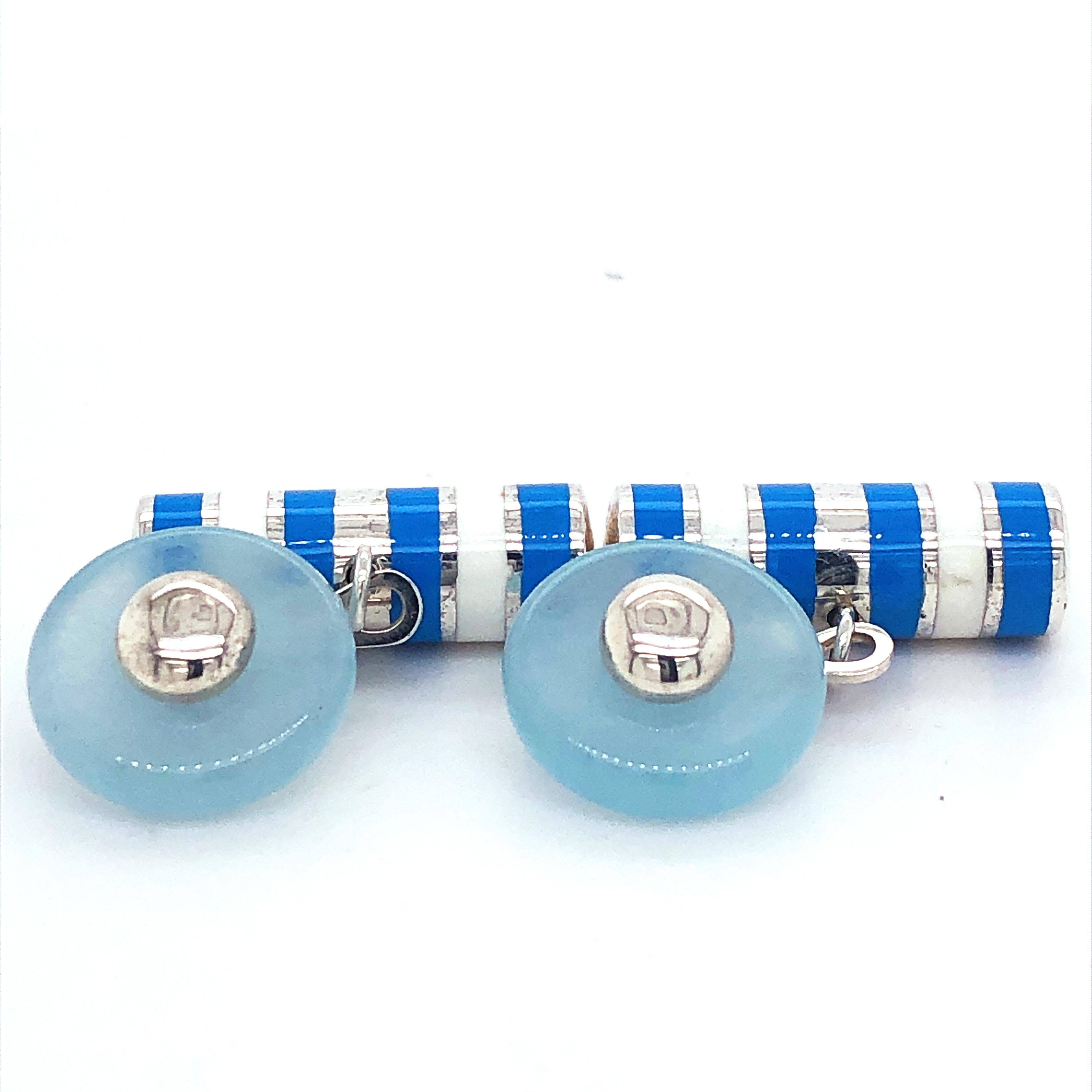Berca Aquamarine White and Cerulean Blue Hand Enameled Sterling Silver Cufflinks In New Condition For Sale In Valenza, IT