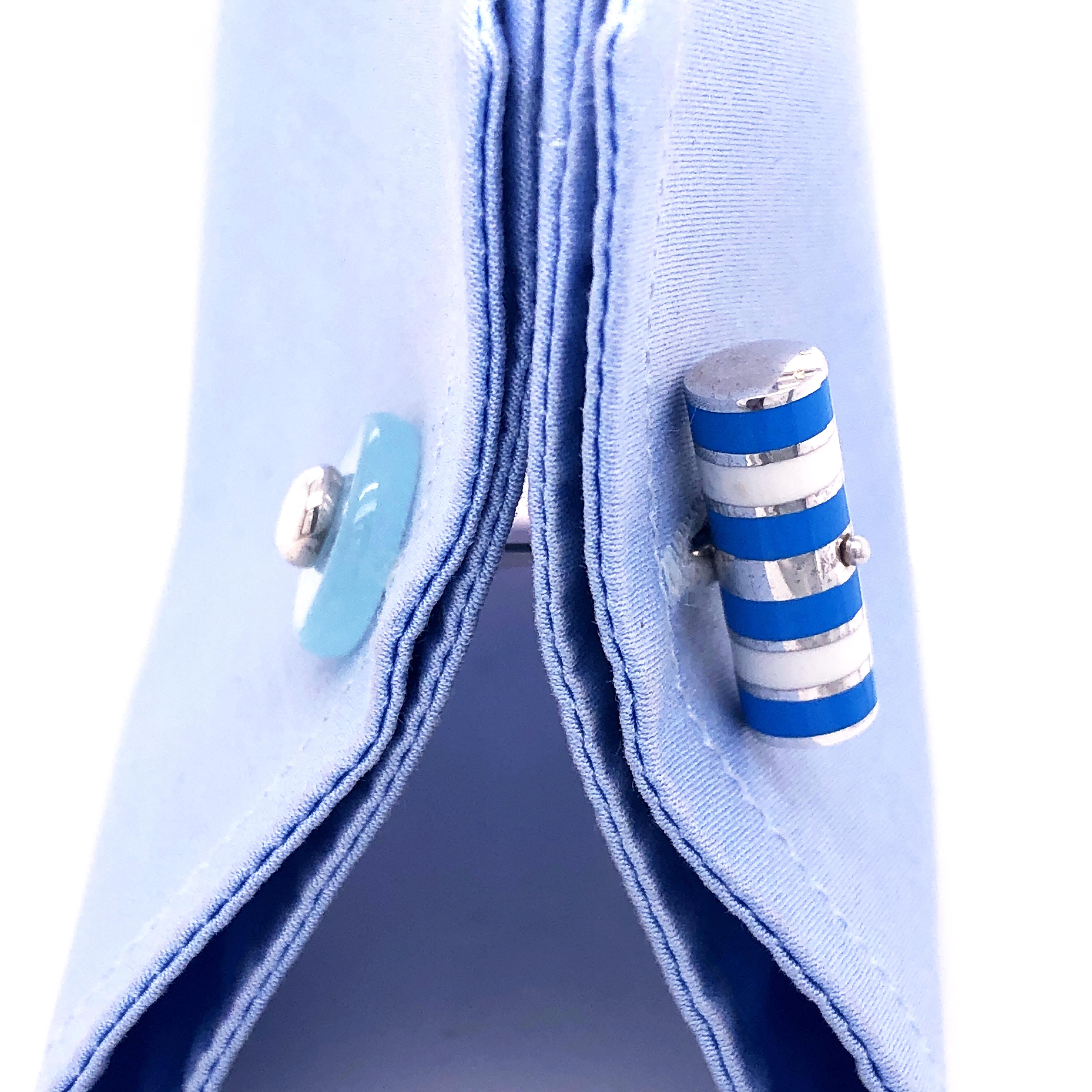 Women's or Men's Berca Aquamarine White and Cerulean Blue Hand Enameled Sterling Silver Cufflinks For Sale