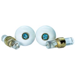 Berca Aquamarine White Hand Enameled Cabochon Rock Crystal Baton Back Cufflinks
