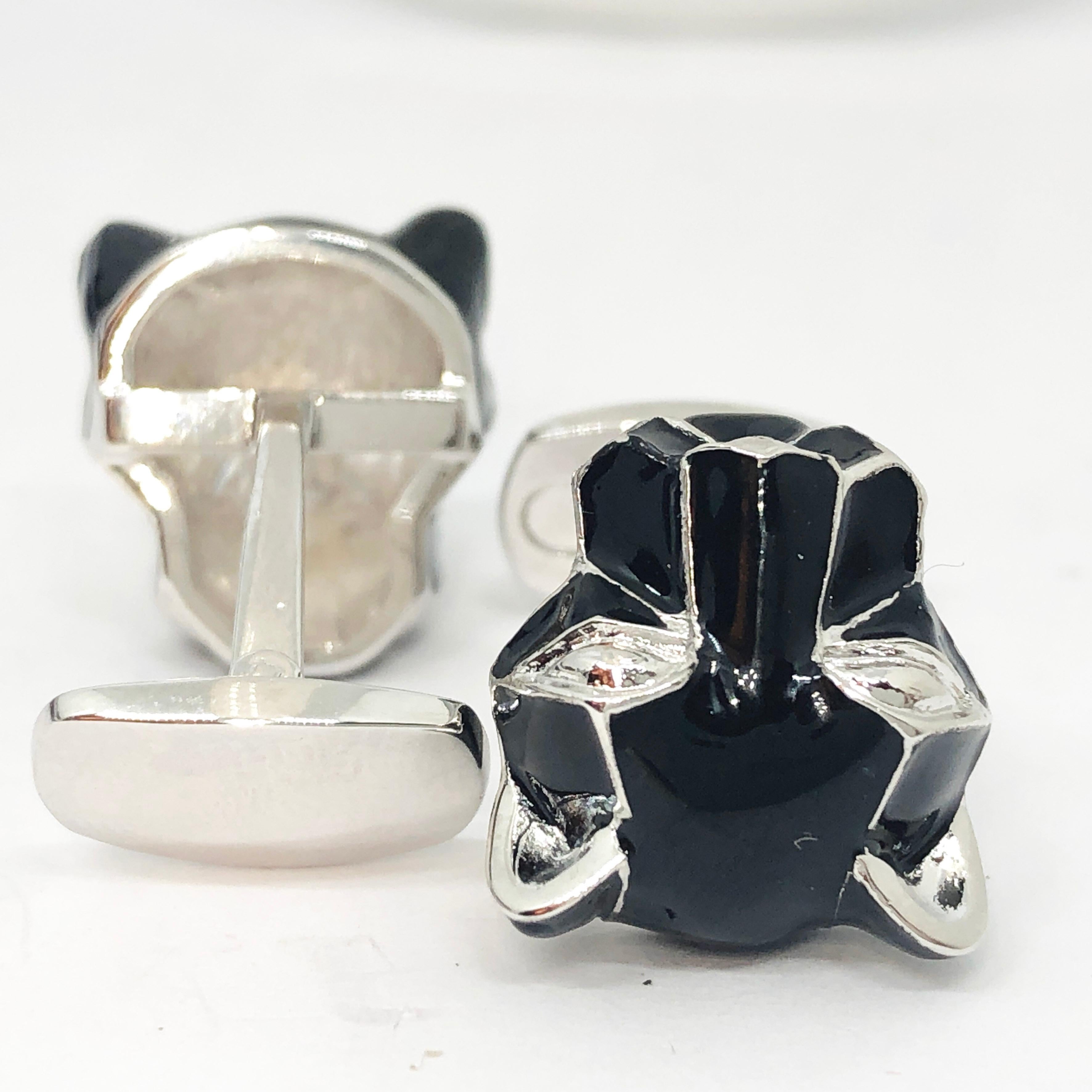 Berca Black Hand Enameled Cougar Head Shaped Sterling Silver Cufflinks In New Condition For Sale In Valenza, IT