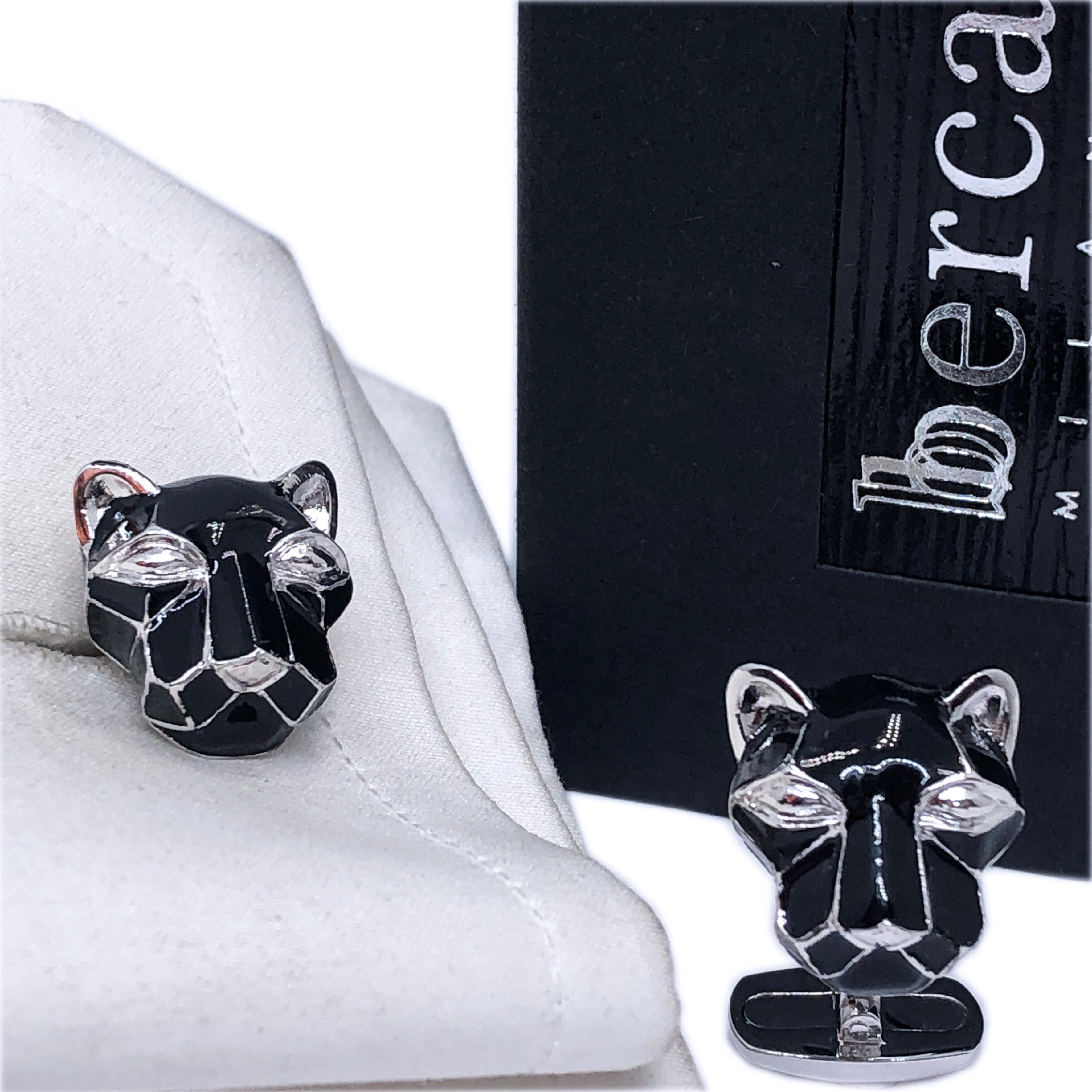 Berca Black Hand Enameled Cougar Head Shaped Sterling Silver Cufflinks For Sale 2