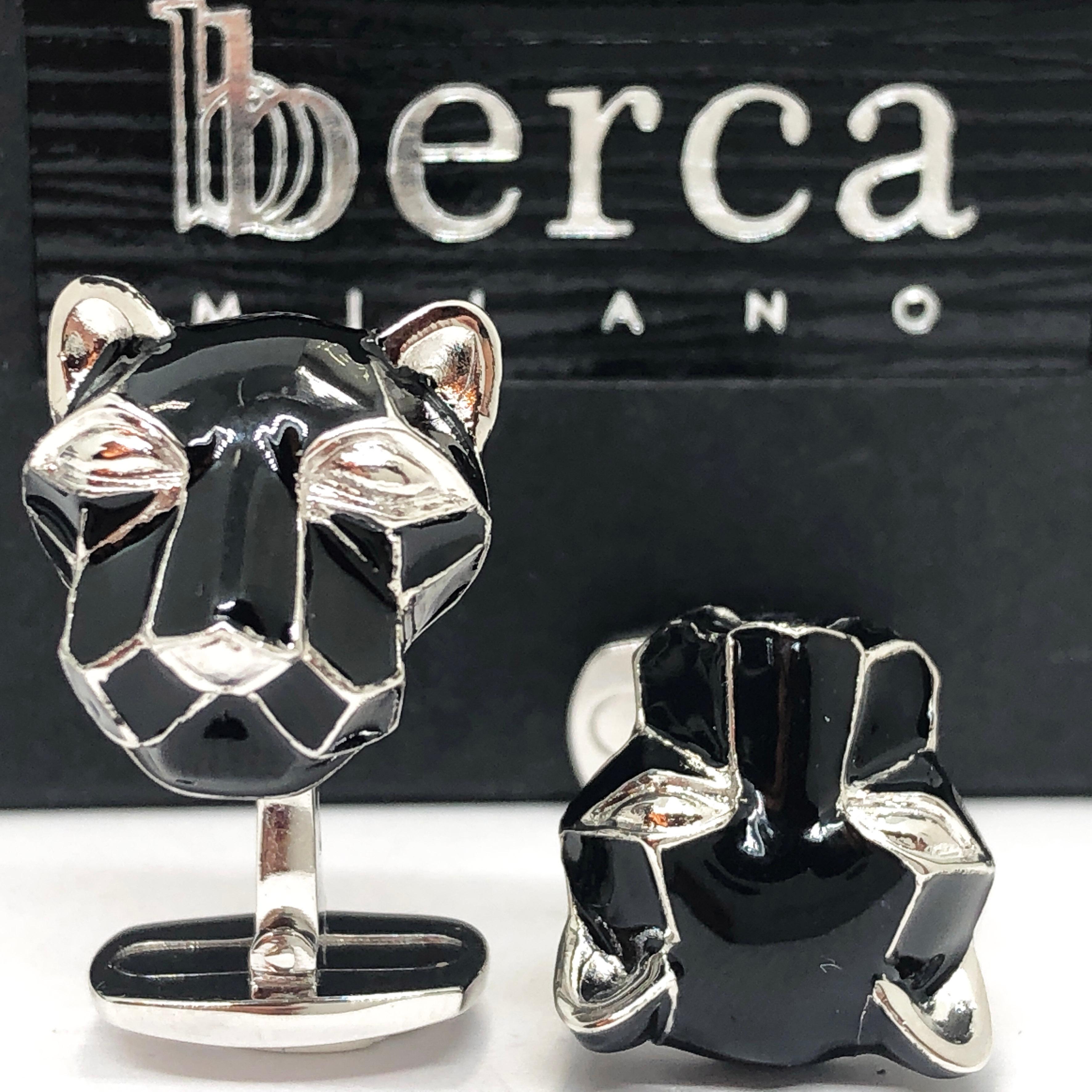 Berca Black Hand Enameled Cougar Head Shaped Sterling Silver Cufflinks For Sale 3