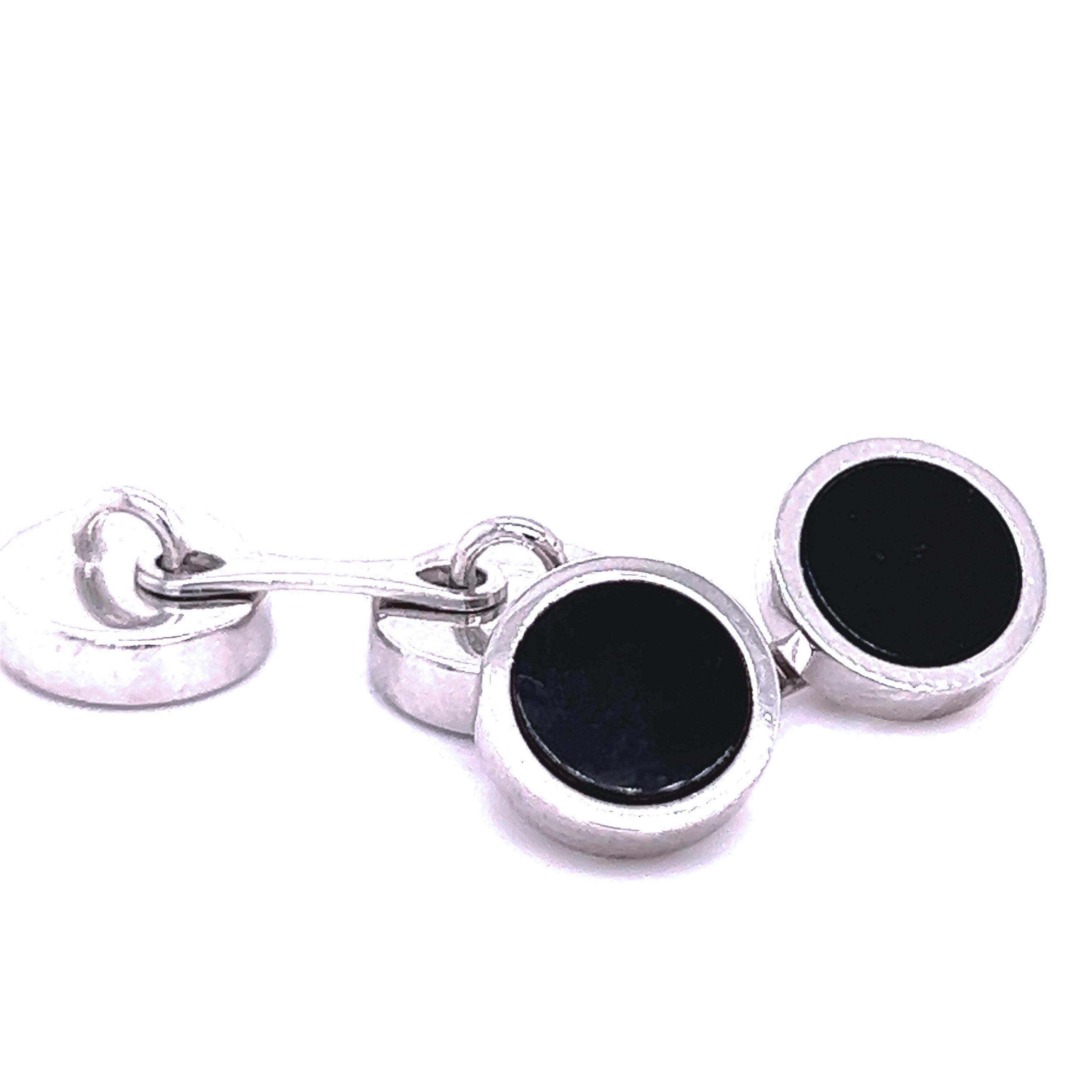 Contemporary Berca Black Onyx Disk Round Shaped Sterling Silver Cufflinks For Sale