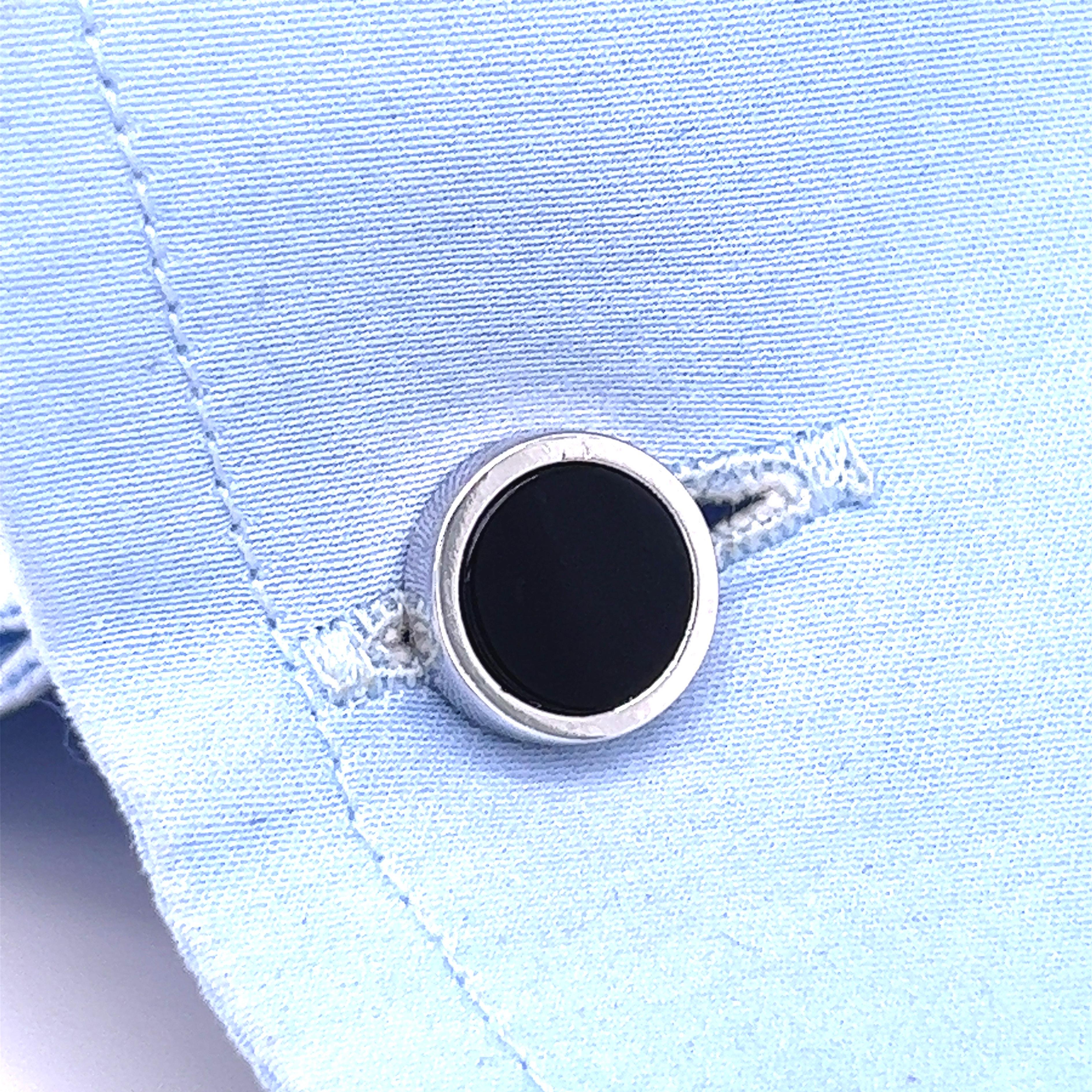 Round Cut Berca Black Onyx Disk Round Shaped Sterling Silver Cufflinks For Sale