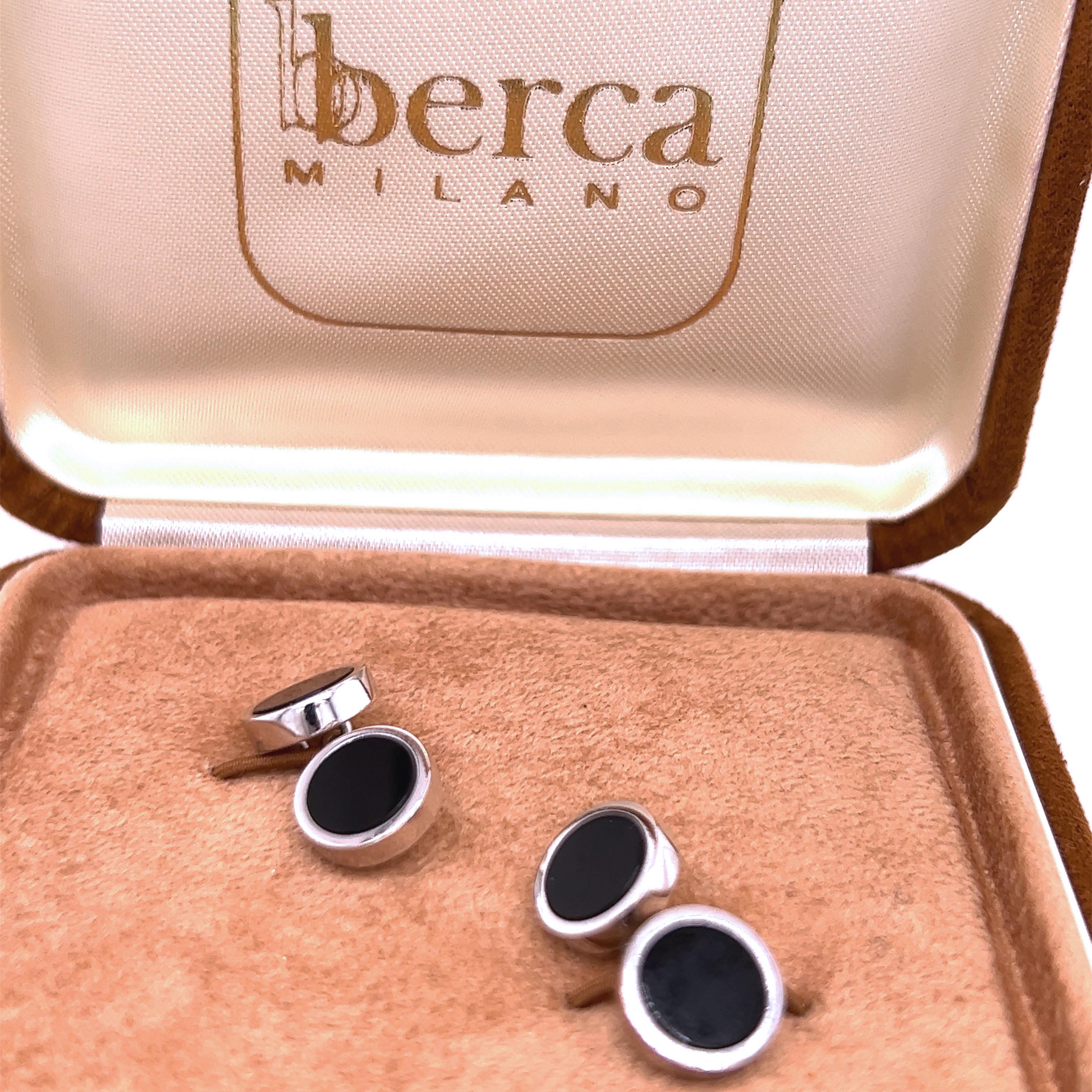 Men's Berca Black Onyx Disk Round Shaped Sterling Silver Cufflinks For Sale