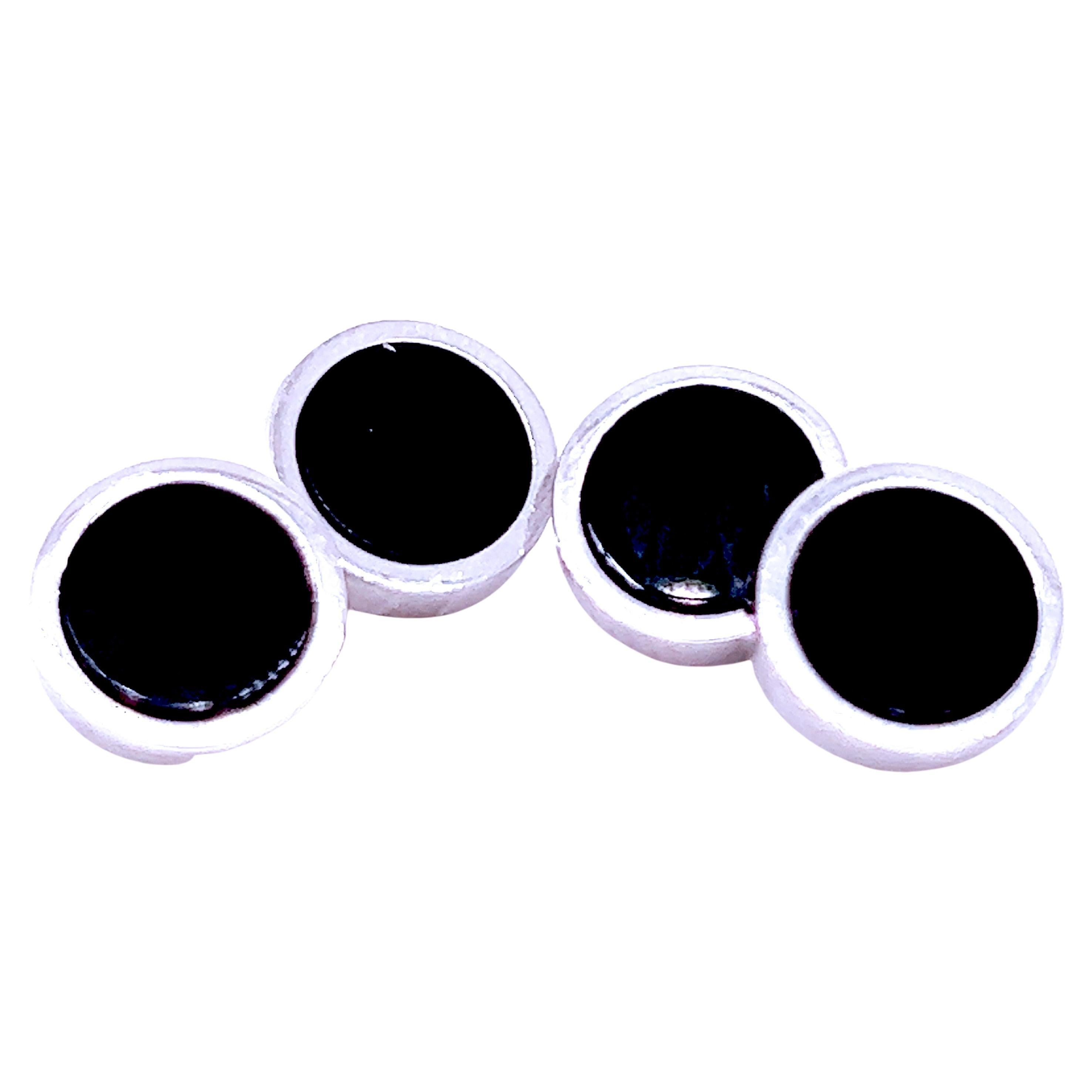 Berca Black Onyx Disk Round Shaped Sterling Silver Cufflinks For Sale