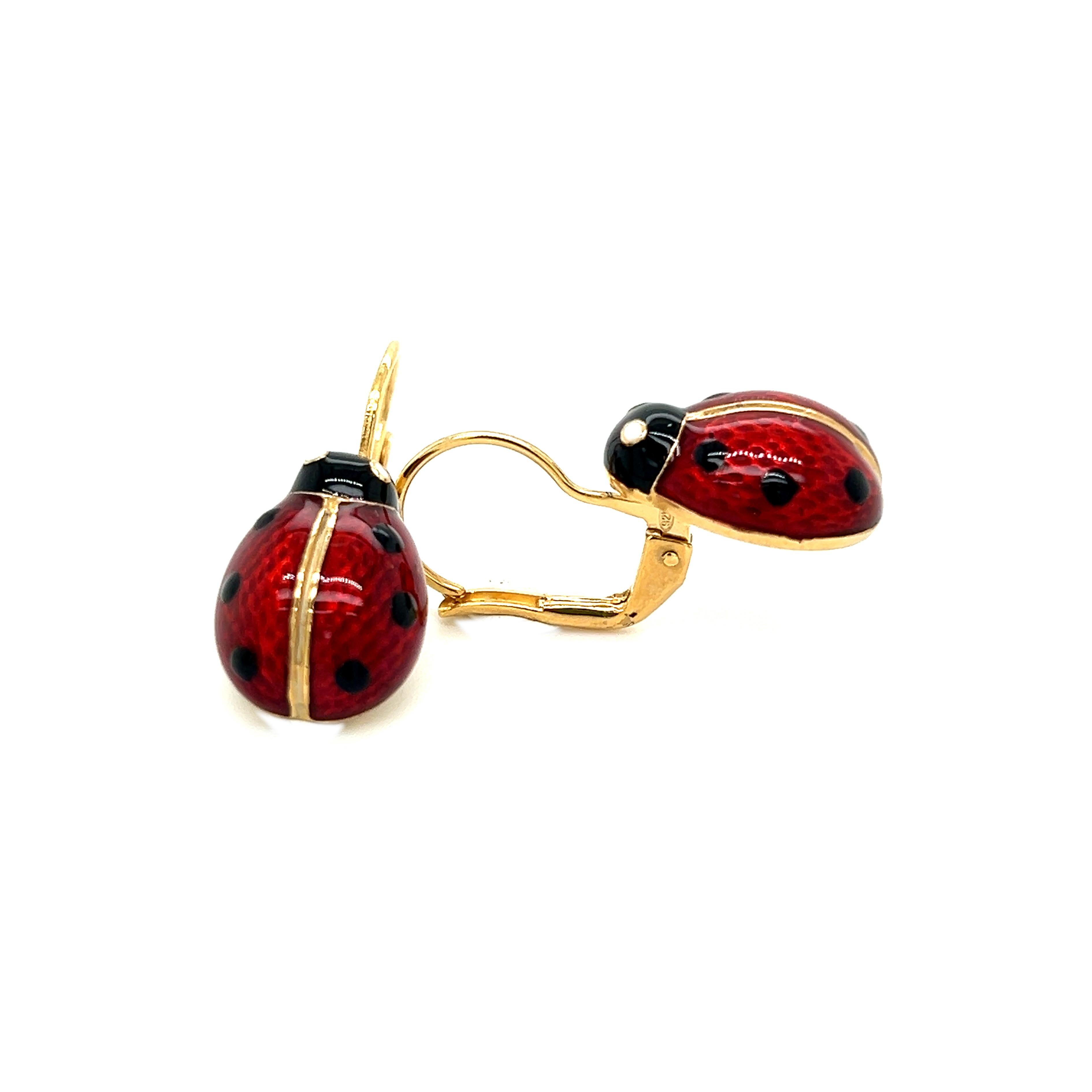 Contemporary Berca Black Red Enameled Ladybug Shaped Sterling Silver Gold-Plated Earrings For Sale