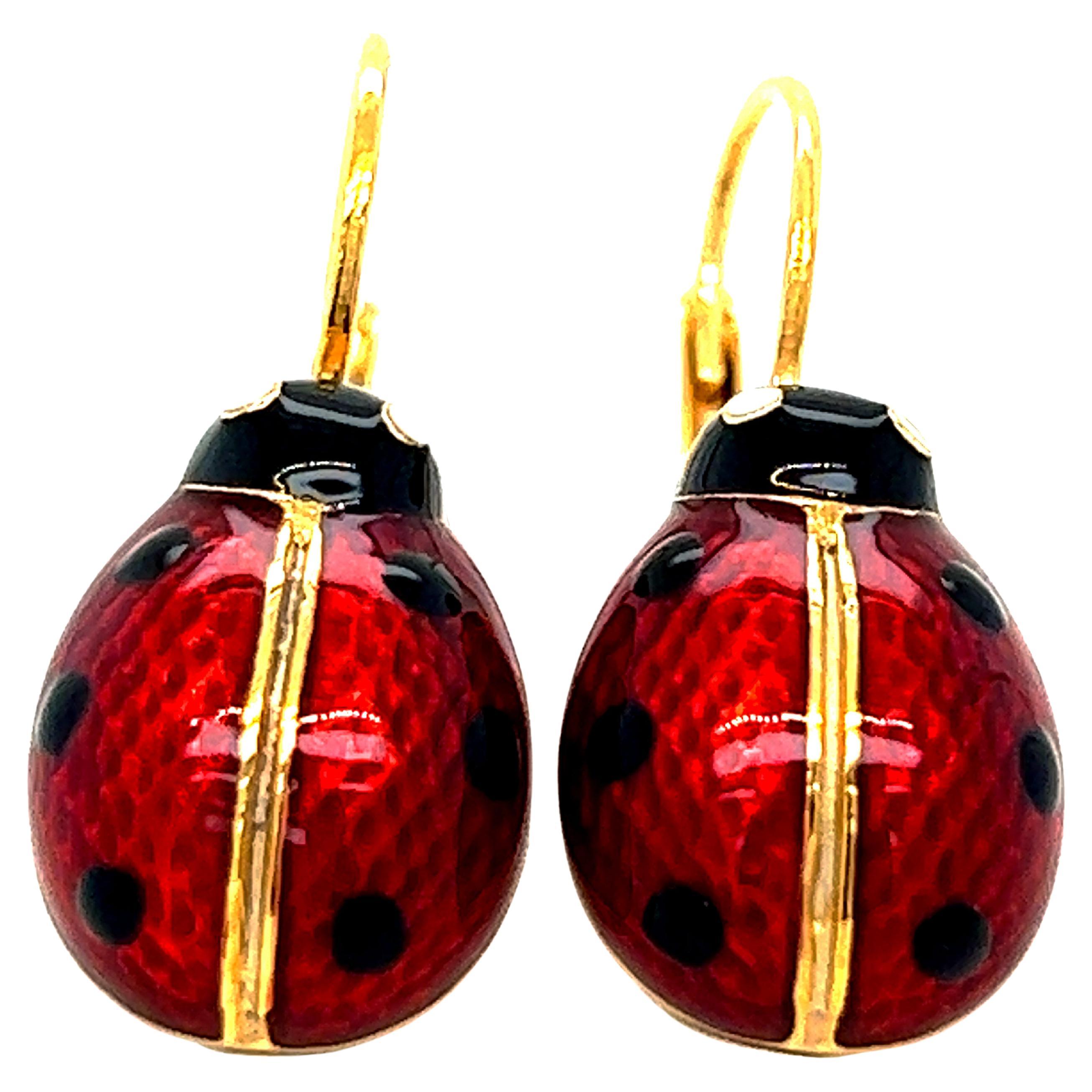 Berca Black Red Enameled Ladybug Shaped Sterling Silver Gold-Plated Earrings For Sale