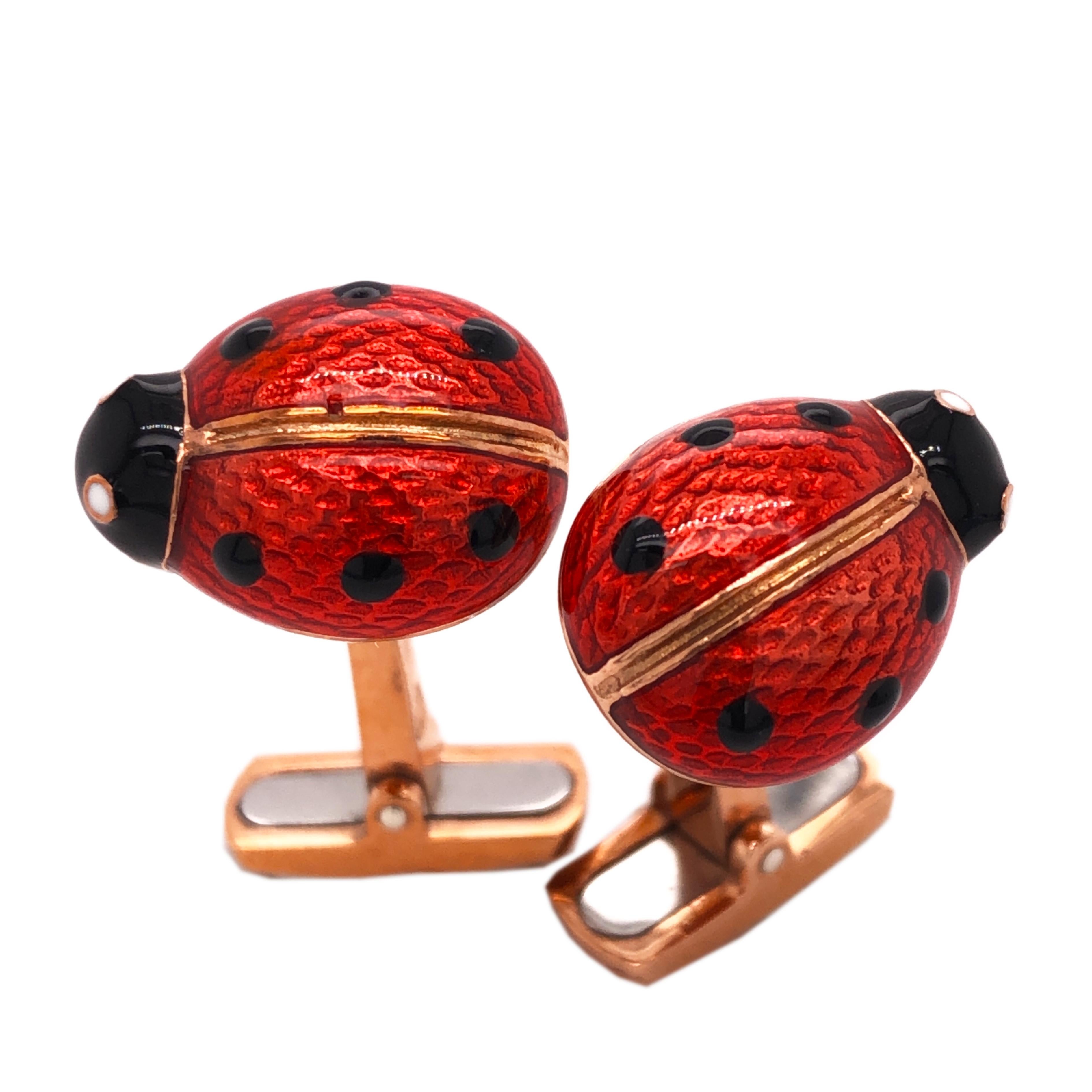 Contemporary Berca Black Red Hand Enameled Ladybug Shaped Rose Gold Cufflinks For Sale