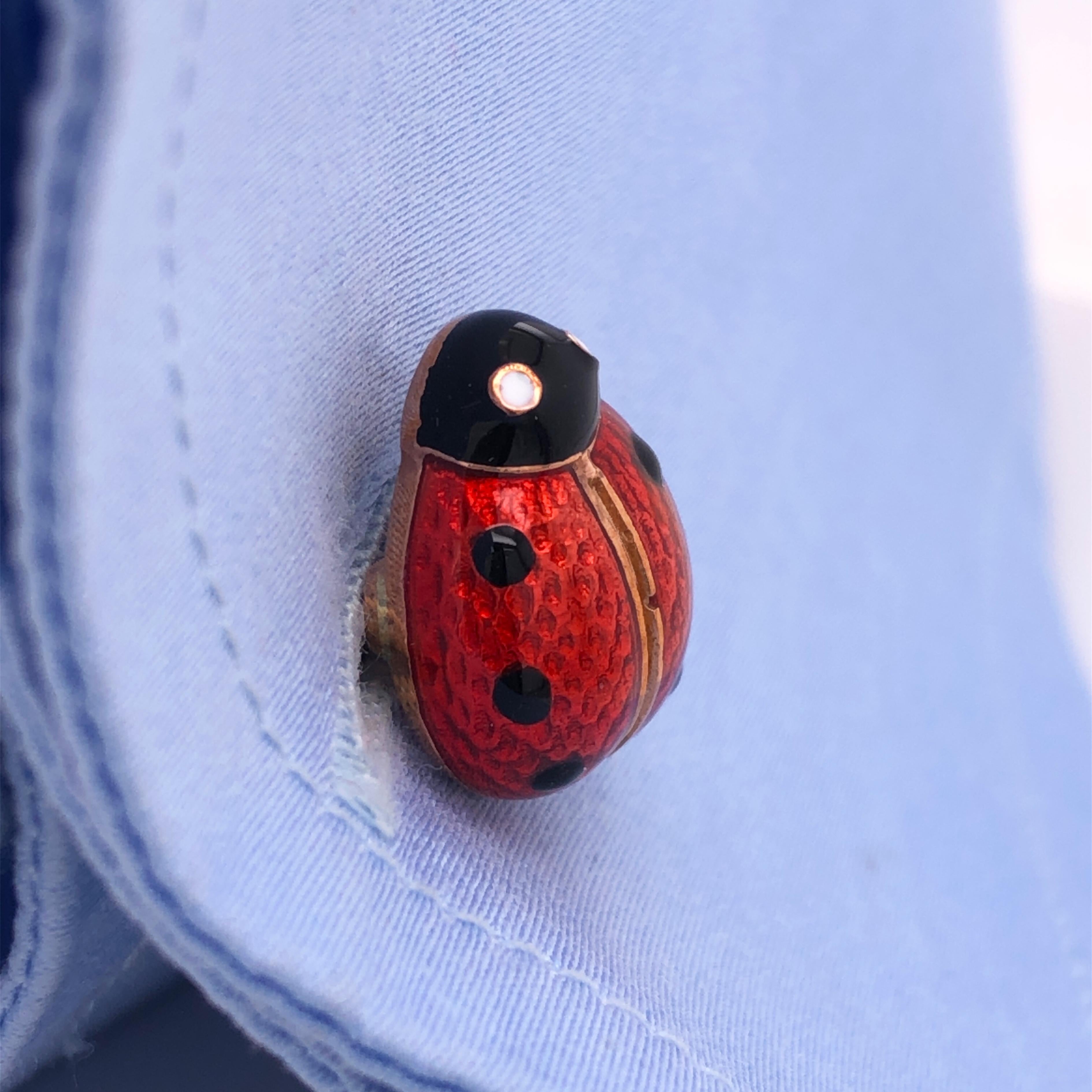 Women's or Men's Berca Black Red Hand Enameled Ladybug Shaped Rose Gold Cufflinks For Sale