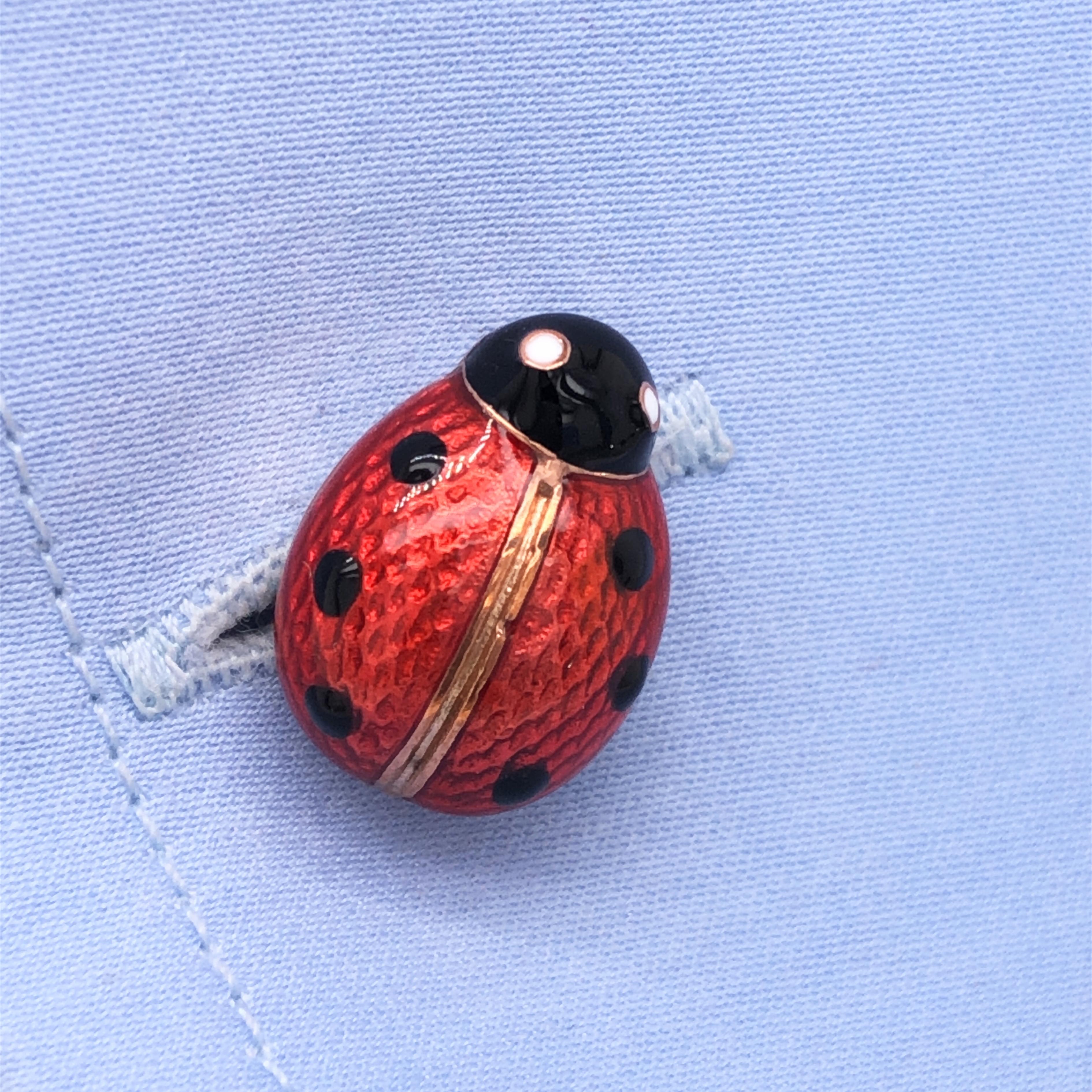 Contemporary Berca Black Red Hand Enameled Ladybug Shaped Rose Gold Cufflinks