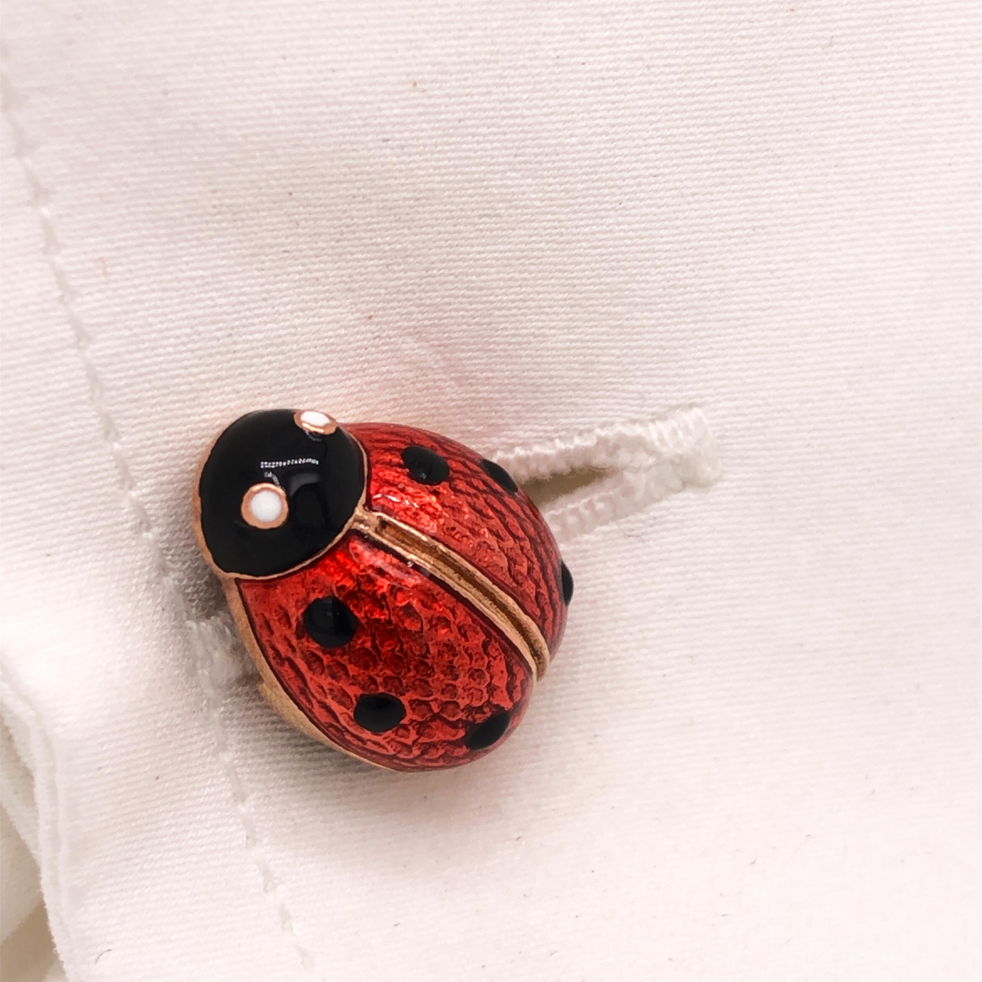 Berca Black Red Hand Enameled Ladybug Shaped Rose Gold Cufflinks In New Condition In Valenza, IT