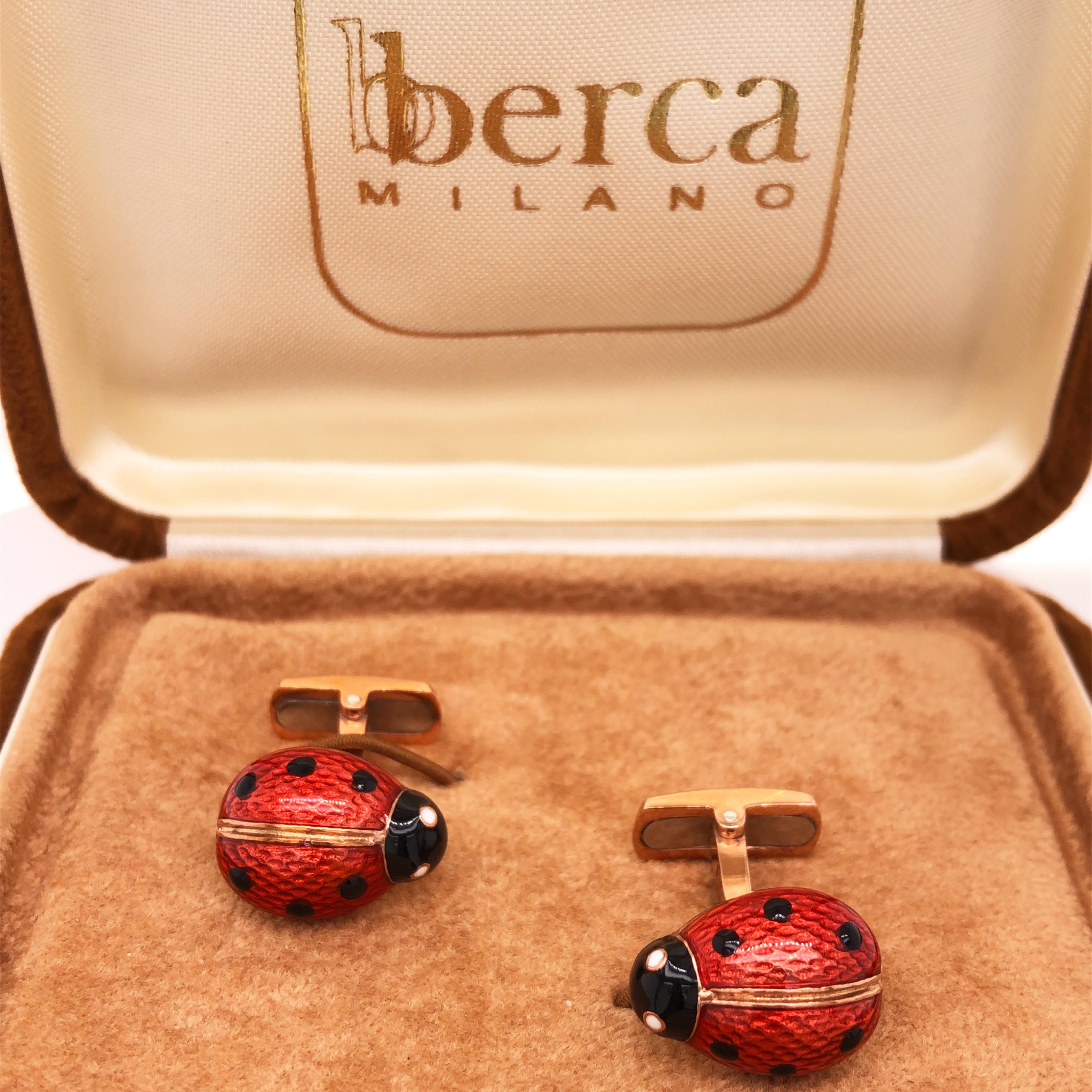 Manschettenknöpfe von Berca in Ladybug-Form aus Roségold in Schwarz und Rot, hand emailliert im Angebot 3