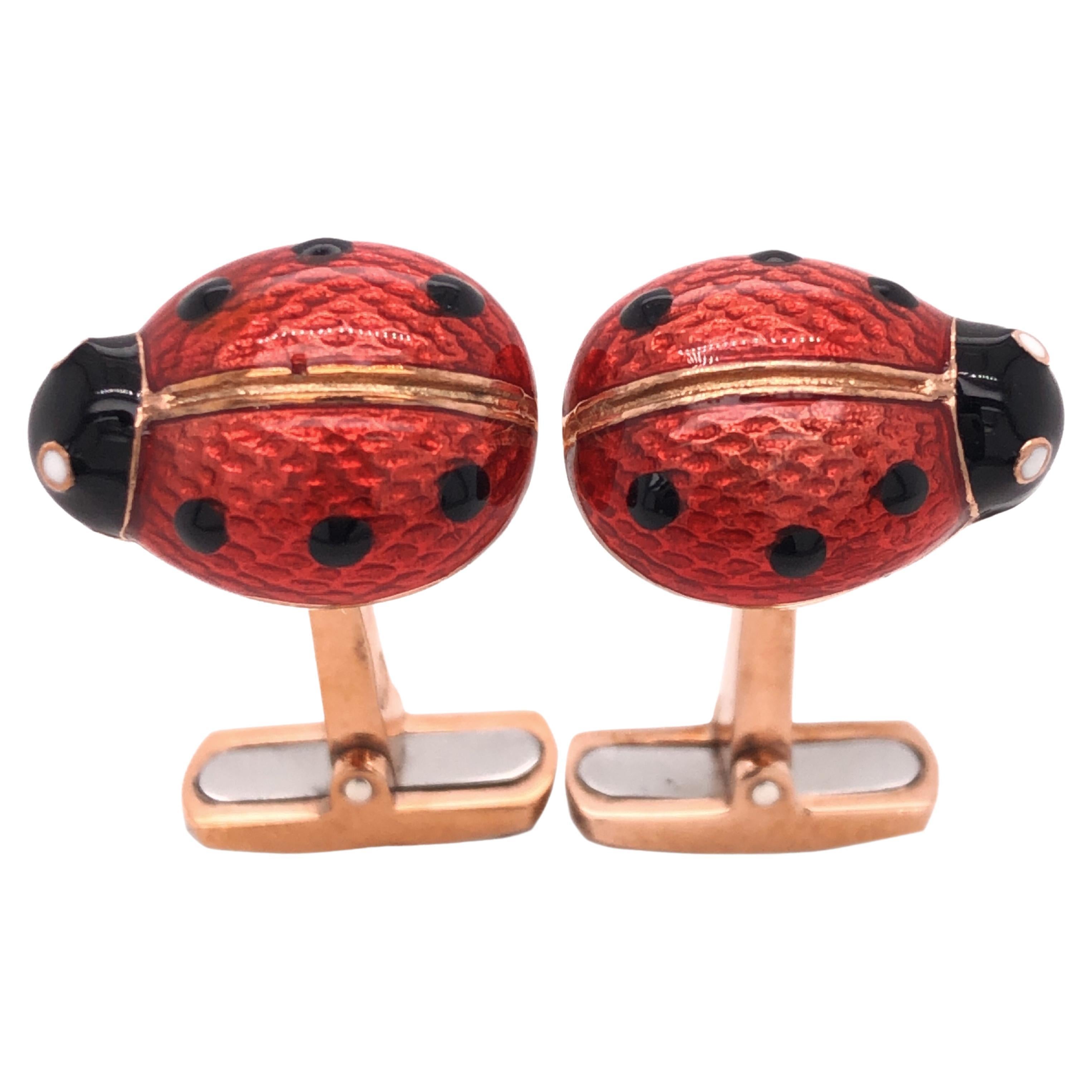 Berca Black Red Hand Enameled Ladybug Shaped Rose Gold Cufflinks For Sale