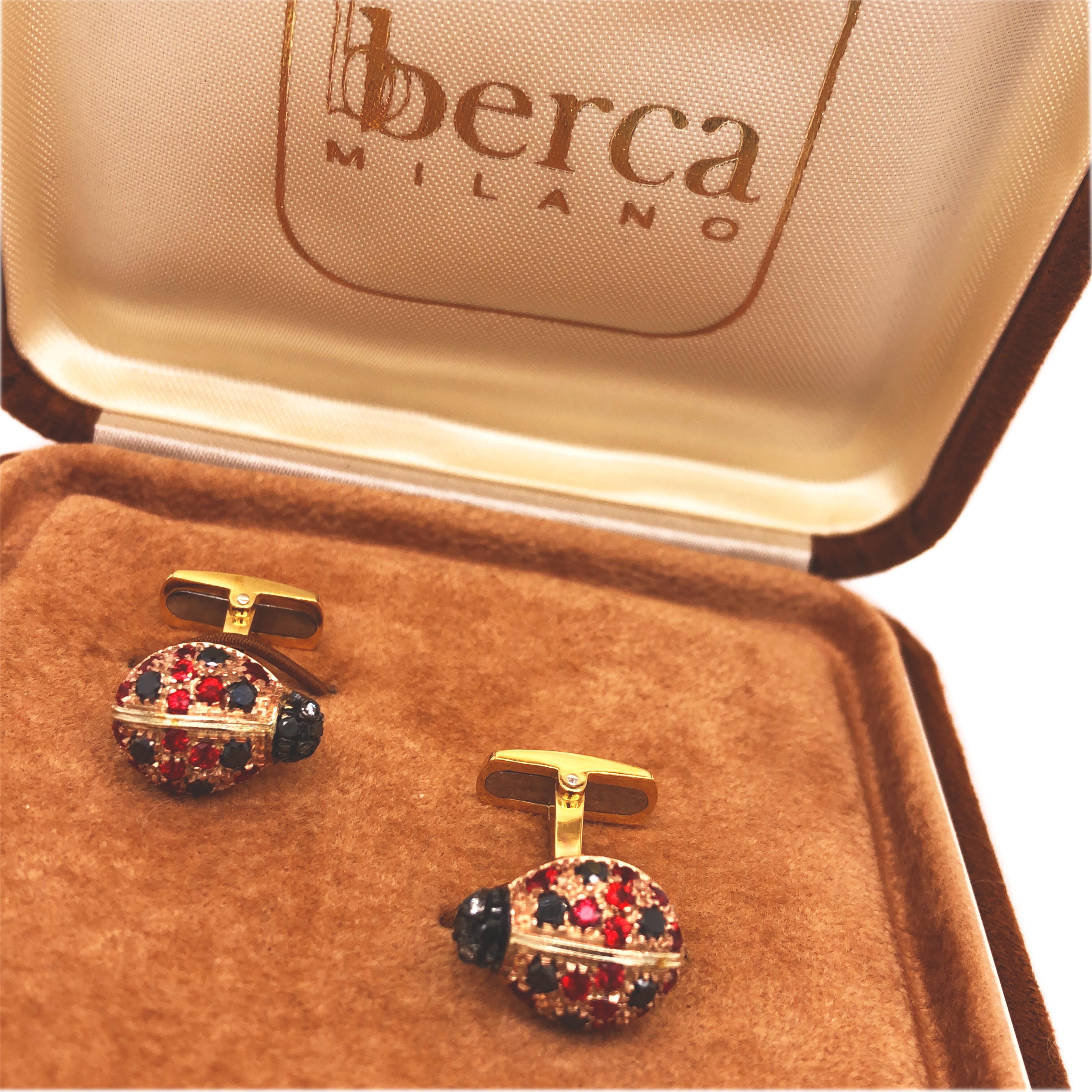 Berca Black, White, Diamond, Ruby Ladybug Shaped Rose Yellow Gold Cufflinks In New Condition For Sale In Valenza, IT