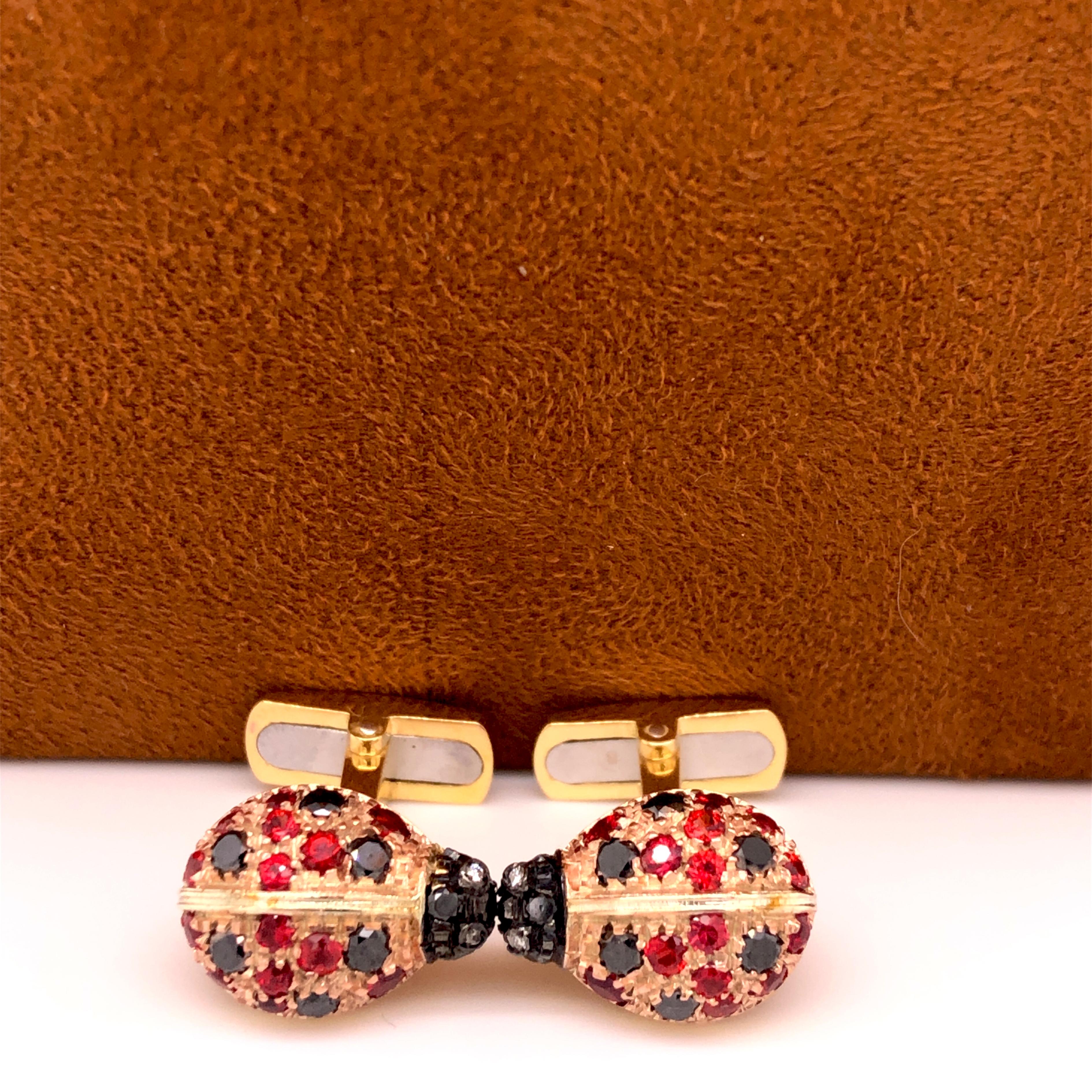 Women's or Men's Berca Black, White, Diamond, Ruby Ladybug Shaped Rose Yellow Gold Cufflinks For Sale