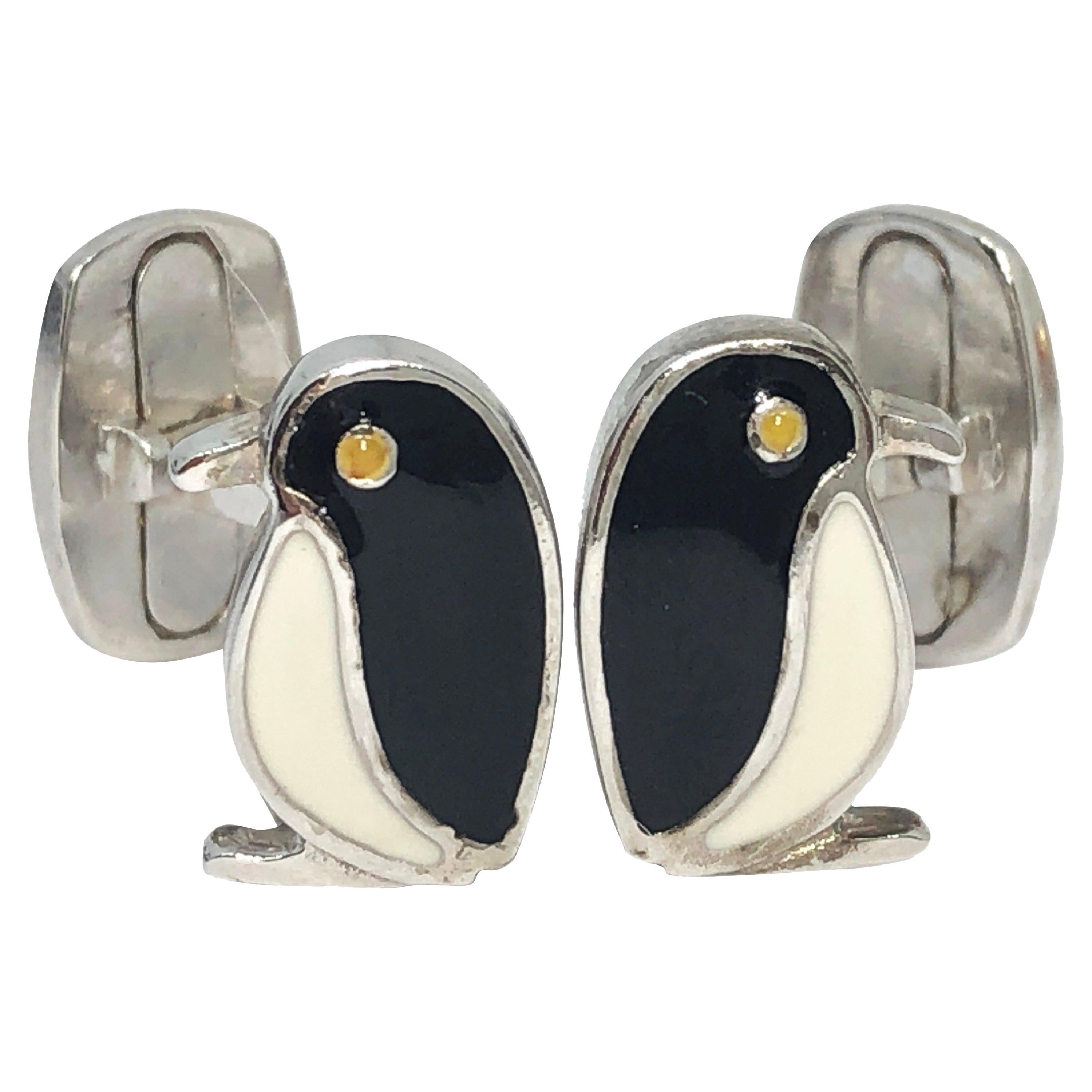 Berca Black White Hand Enameled Penguin Shaped Sterling Silver Cufflinks