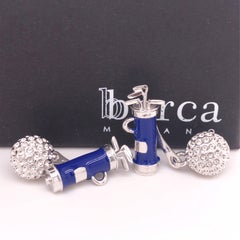 Berca Blue Hand Enameled Golf Bag, Ball Back Solid Sterling Silver Cufflinks