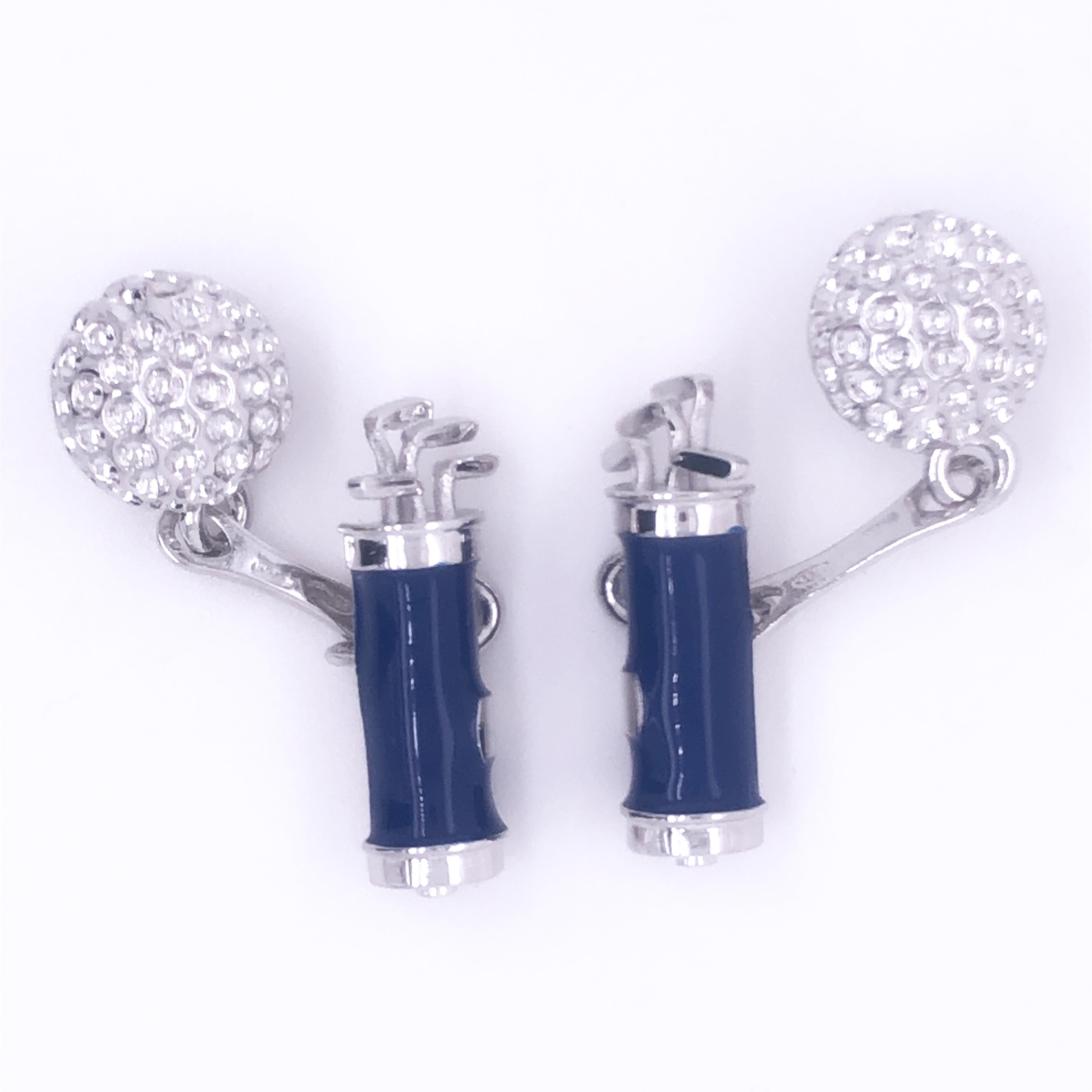 Contemporary Berca Blue Hand Enameled Golf Bag, Ball Back Solid Sterling Silver Cufflinks