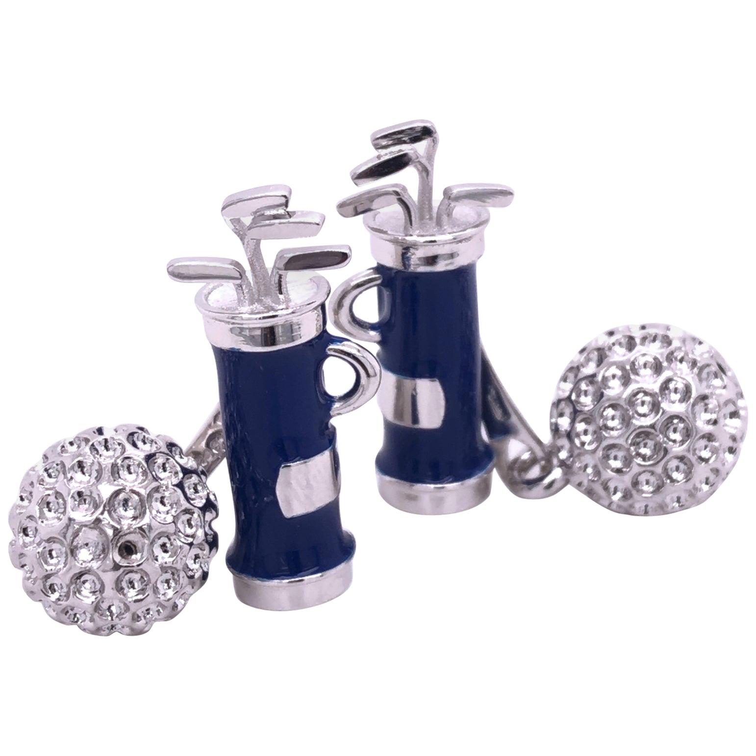 Berca Blue Hand Enameled Golf Bag, Ball Back Solid Sterling Silver Cufflinks For Sale