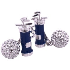 Berca Blue Hand Enameled Golf Bag, Ball Back Solid Sterling Silver Cufflinks