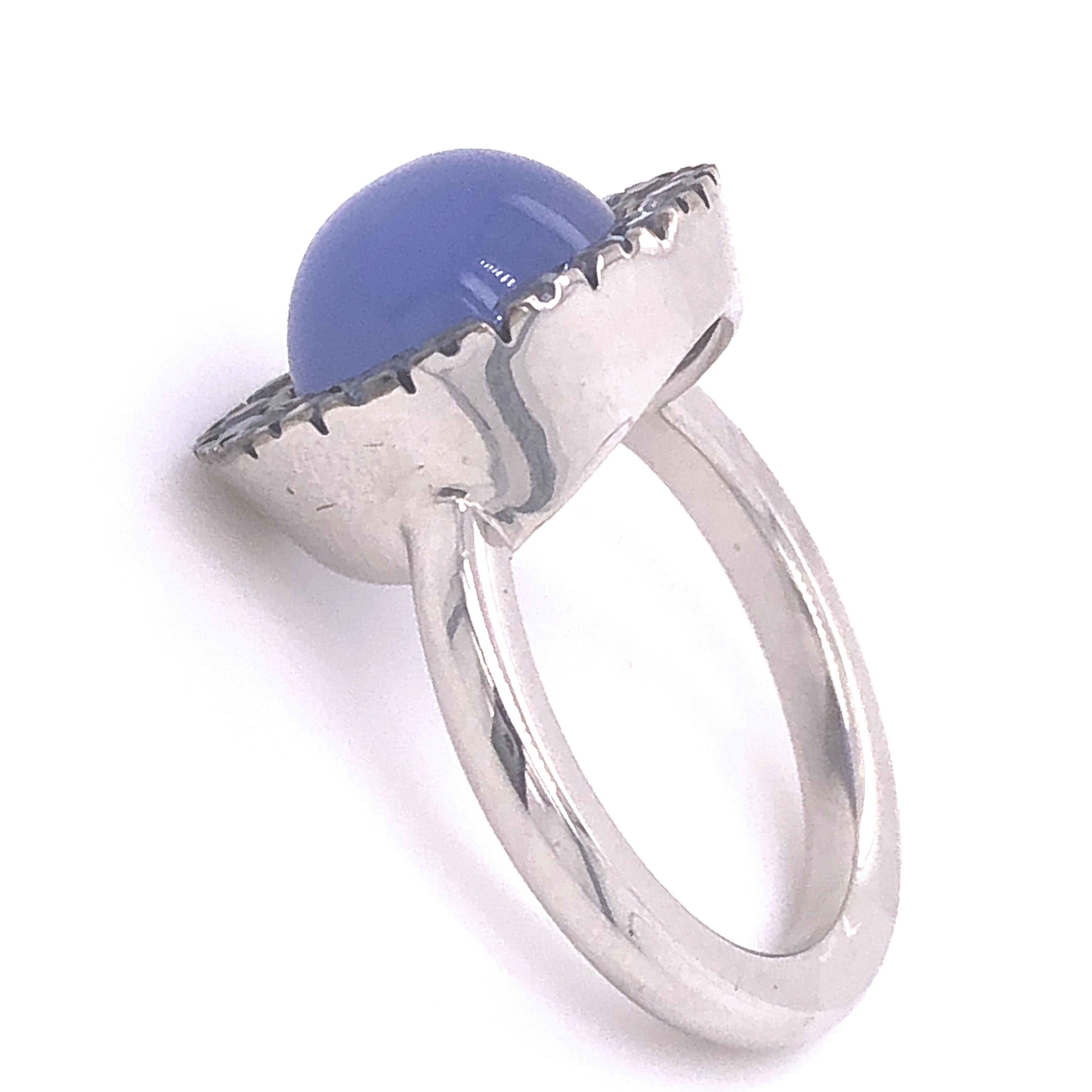 Contemporary Berca Blue Sapphire Round Blue Chalcedony Cabochon White Gold Cocktail Ring